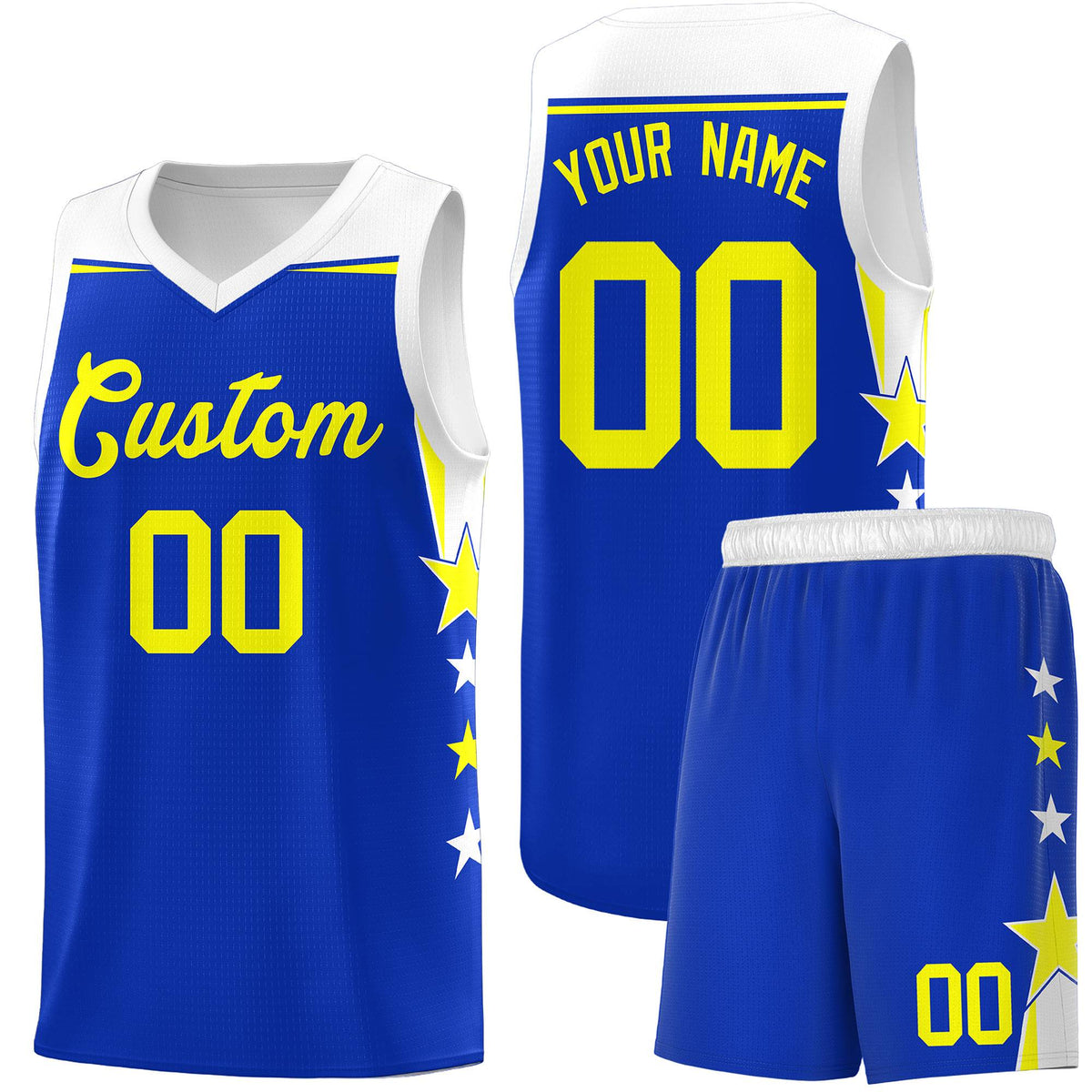 Custom Youth Basketball Uniform Royal White Two Tone Side Star Personalized Team Jersey