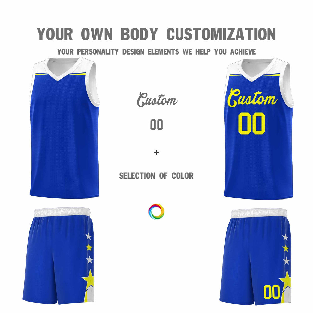 Custom Youth Basketball Uniform Royal White Two Tone Side Star Personalized Team Jersey