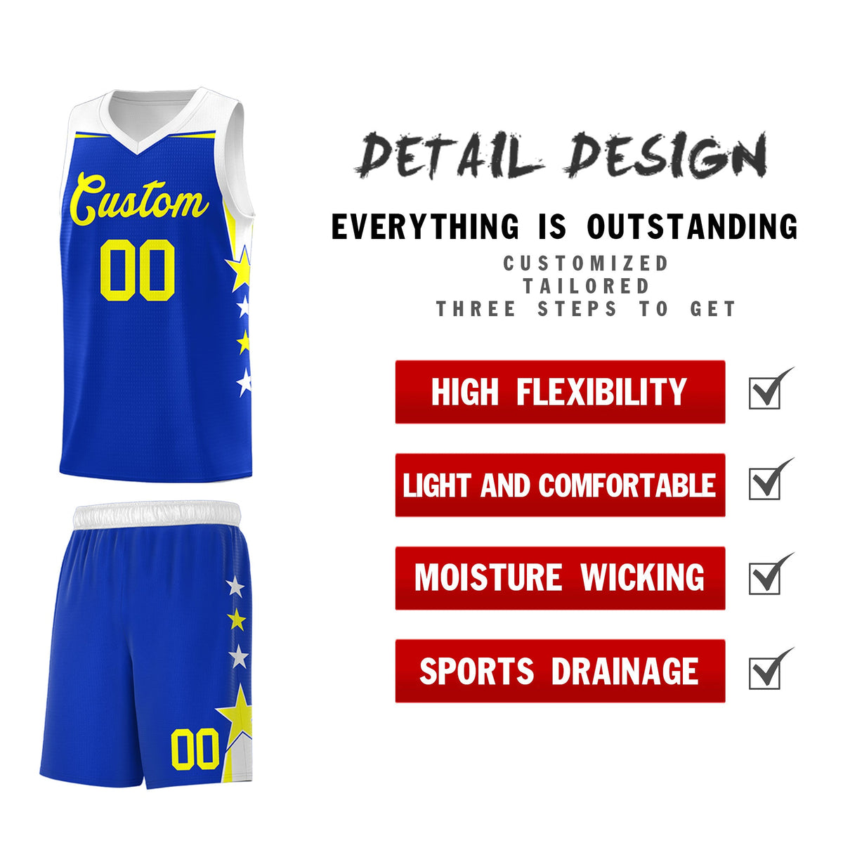 Custom Youth Basketball Uniform Royal White Two Tone Side Star Personalized Team Jersey