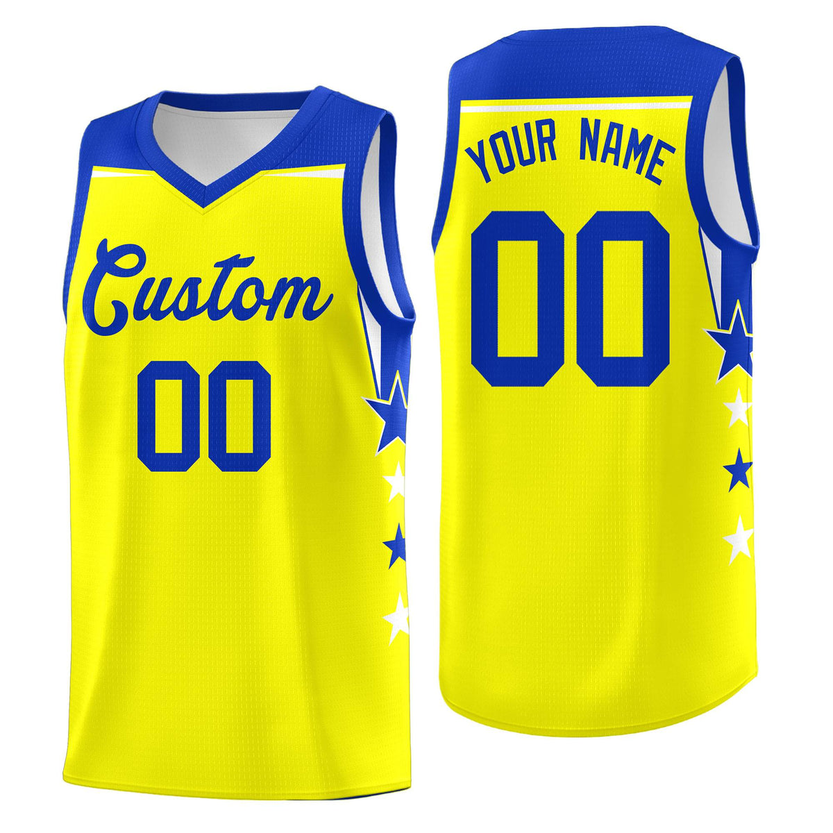 Custom Youth Basketball Uniform Fluorescent Yellow Royal Two Tone Side Star Color Block Team Jersey