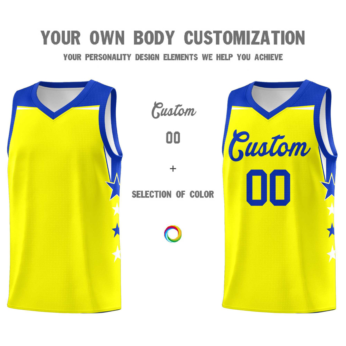 Custom Youth Basketball Uniform Fluorescent Yellow Royal Two Tone Side Star Color Block Team Jersey