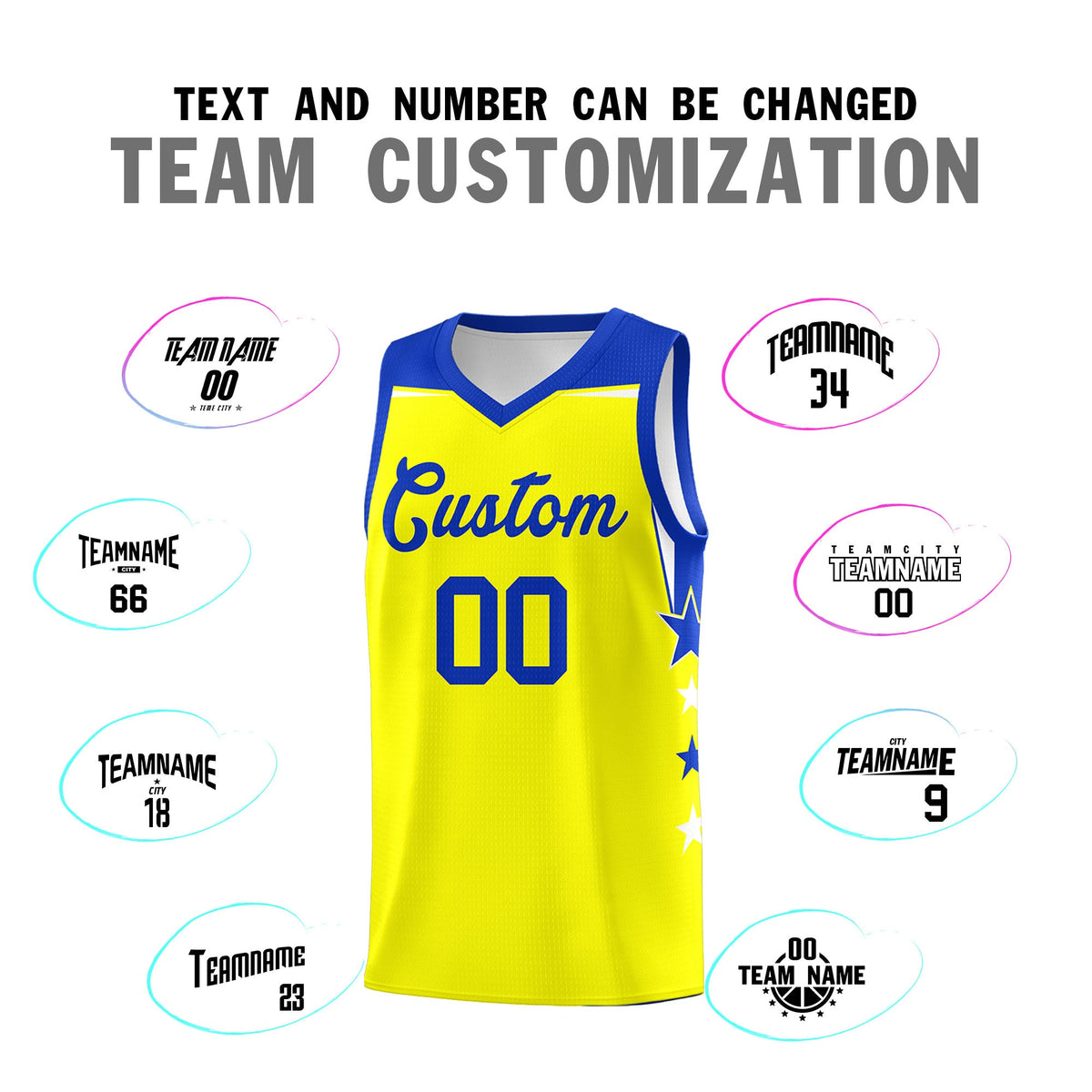 Custom Youth Basketball Uniform Fluorescent Yellow Royal Two Tone Side Star Color Block Team Jersey
