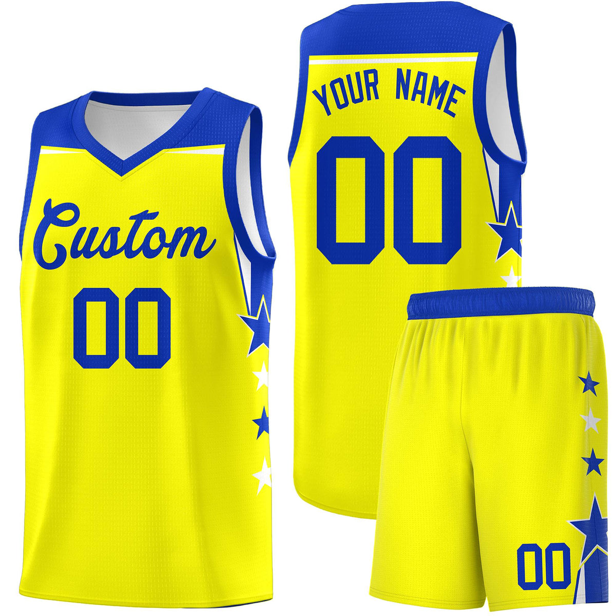 Custom Youth Basketball Uniform Fluorescent Yellow Royal Two Tone Side Star Color Block Team Jersey