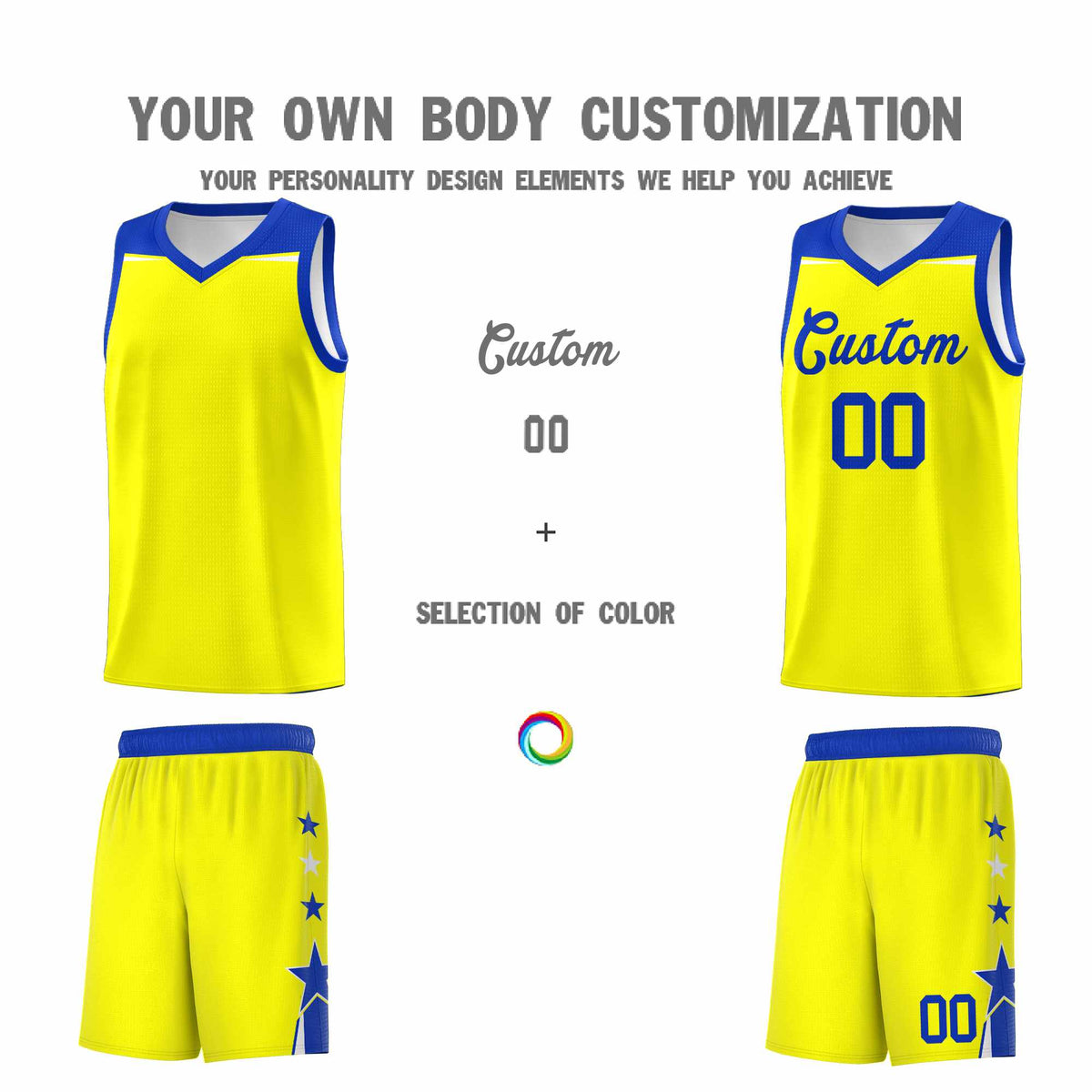 Custom Youth Basketball Uniform Fluorescent Yellow Royal Two Tone Side Star Color Block Team Jersey