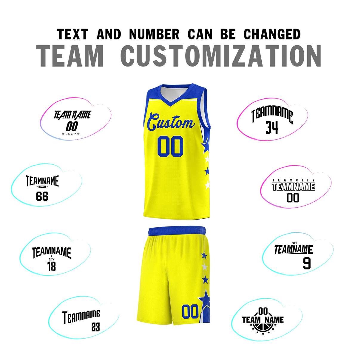 Custom Youth Basketball Uniform Fluorescent Yellow Royal Two Tone Side Star Color Block Team Jersey