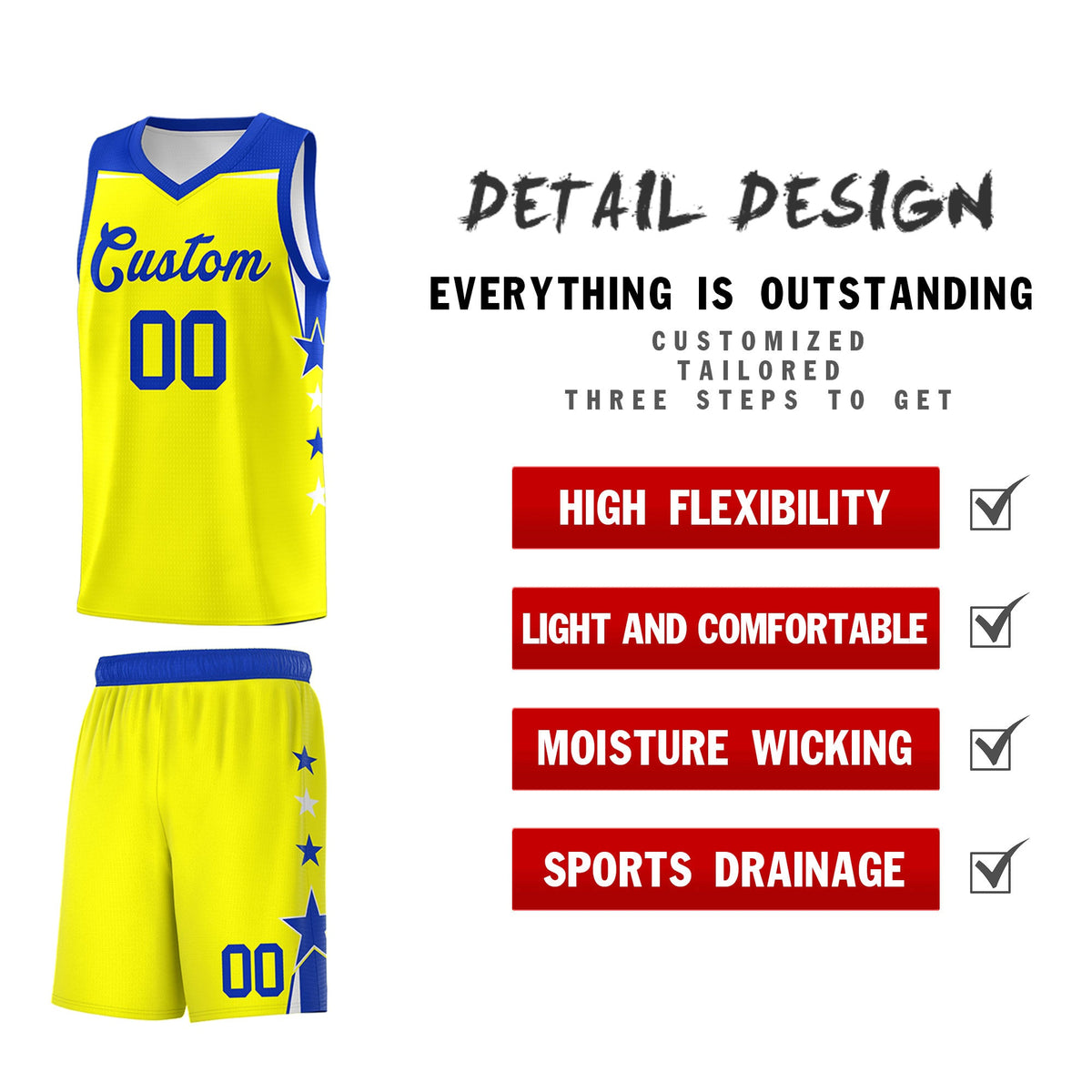 Custom Youth Basketball Uniform Fluorescent Yellow Royal Two Tone Side Star Color Block Team Jersey
