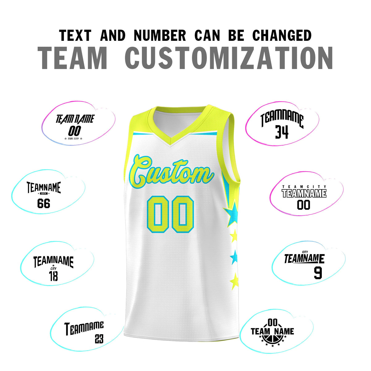 Custom Youth Basketball Uniform White Fluorescent Green Two Tone Side Star Add Name Number &amp; Logo