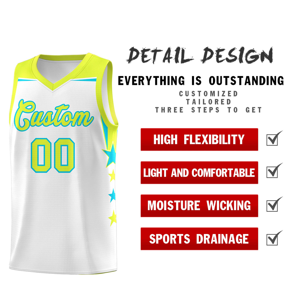 Custom Youth Basketball Uniform White Fluorescent Green Two Tone Side Star Add Name Number &amp; Logo