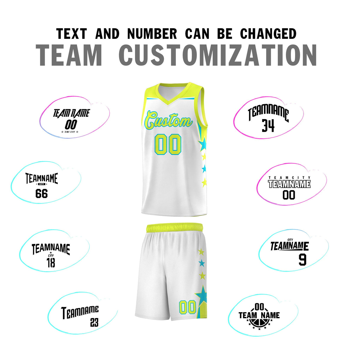 Custom Youth Basketball Uniform White Fluorescent Green Two Tone Side Star Add Name Number &amp; Logo