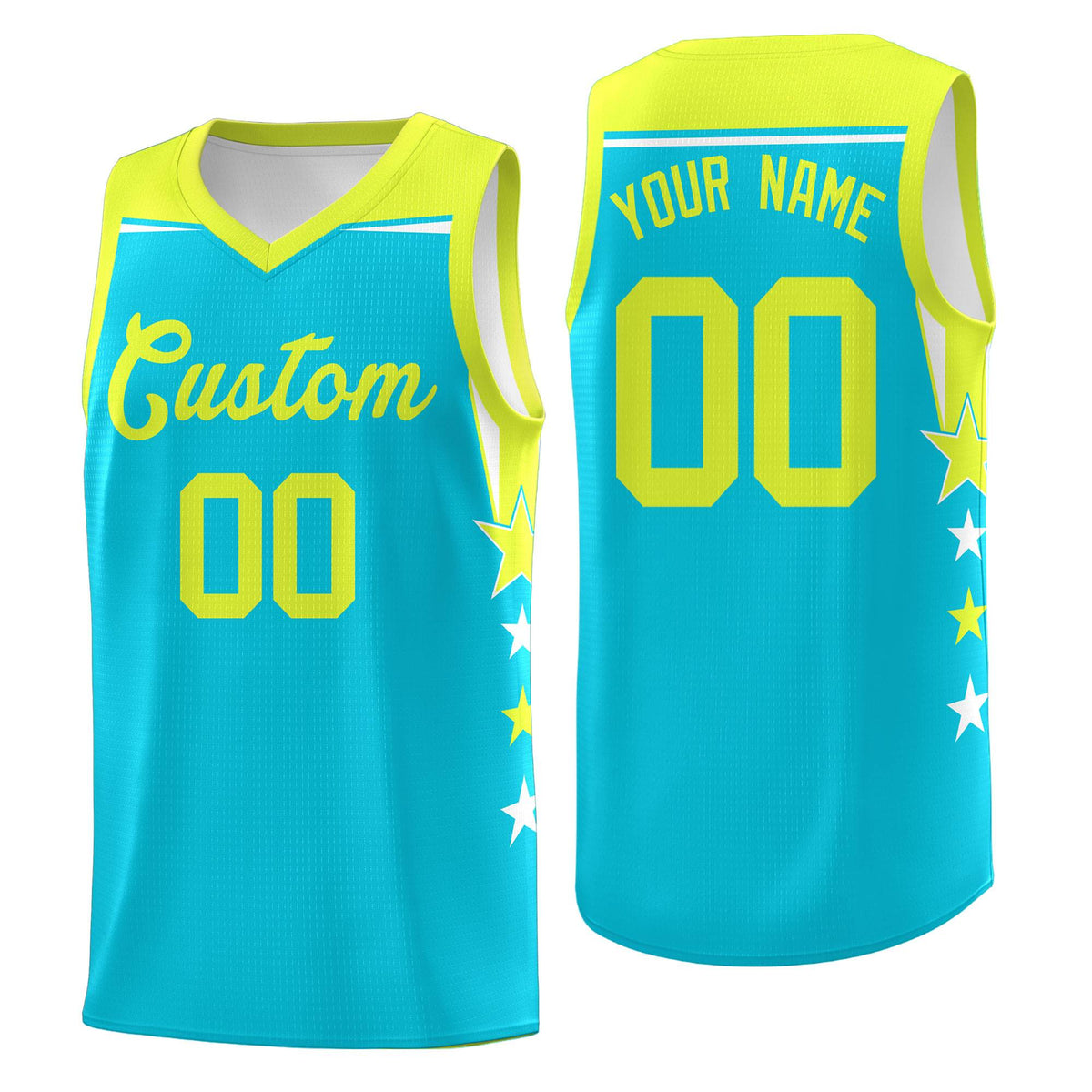 Custom Youth Basketball Uniform Sky Blue Fluorescent Green Two Tone Side Star Color Block Team Jersey
