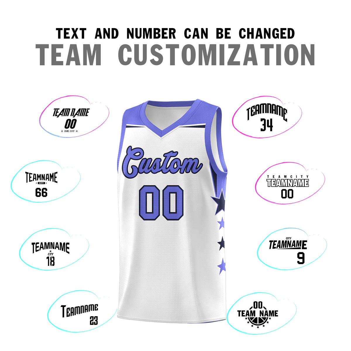 Custom Youth Basketball Uniform White Purple Two Tone Side Star Add Name Number &amp; Logo