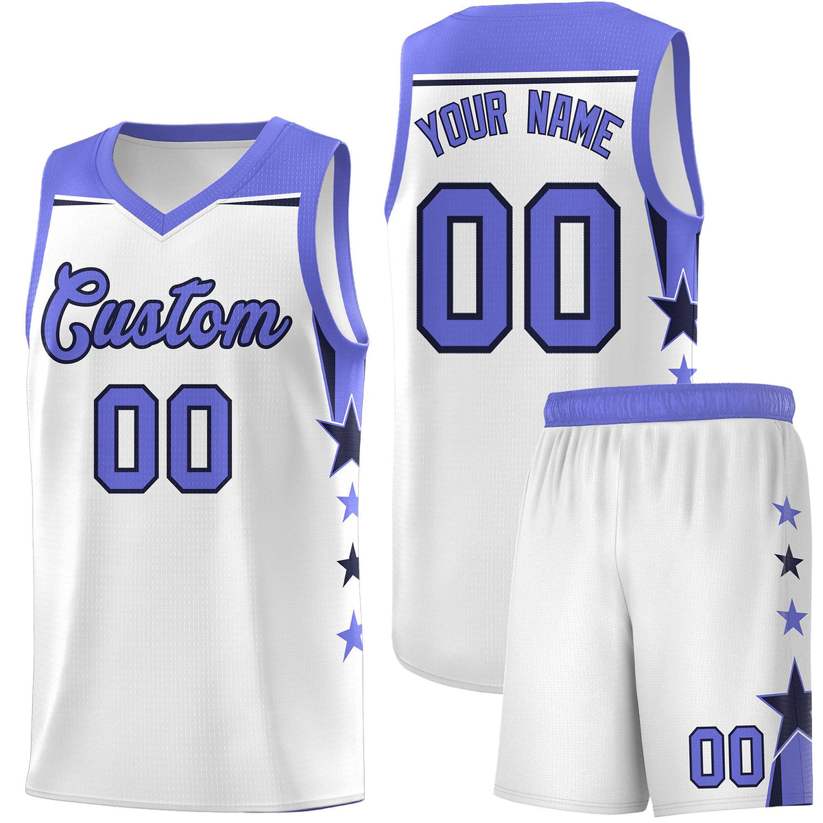 Custom Youth Basketball Uniform White Purple Two Tone Side Star Add Name Number &amp; Logo