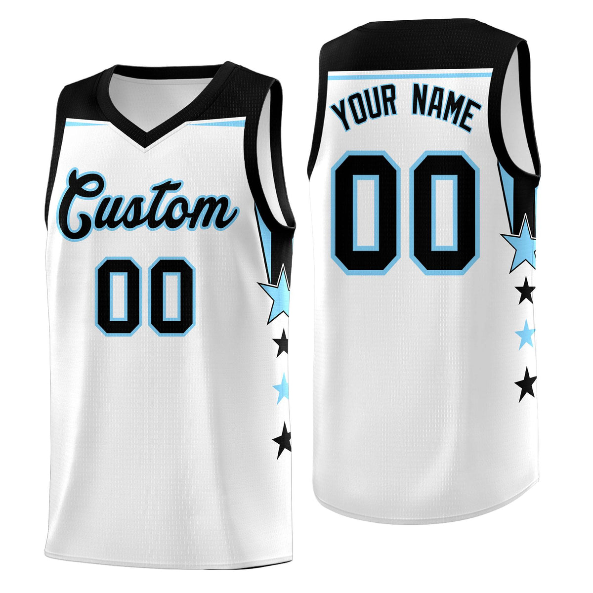Custom Youth Basketball Uniform White Light Blue Two Tone Side Star Add Name Number &amp; Logo