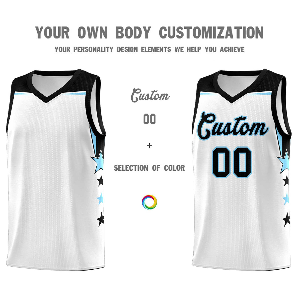 Custom Youth Basketball Uniform White Light Blue Two Tone Side Star Add Name Number &amp; Logo