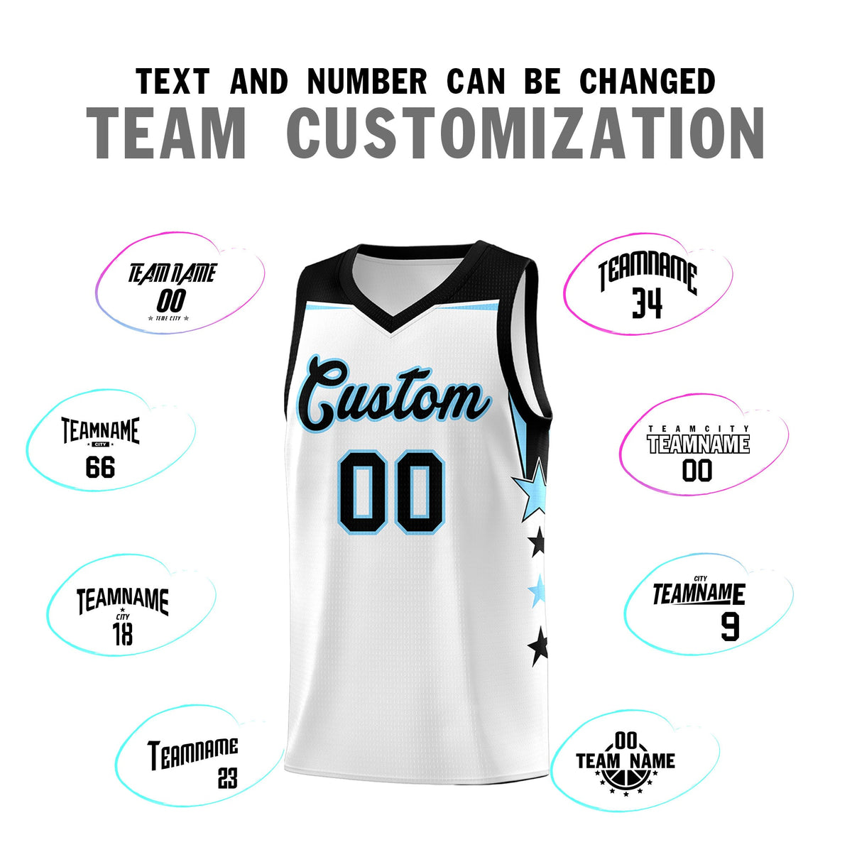 Custom Youth Basketball Uniform White Light Blue Two Tone Side Star Add Name Number &amp; Logo