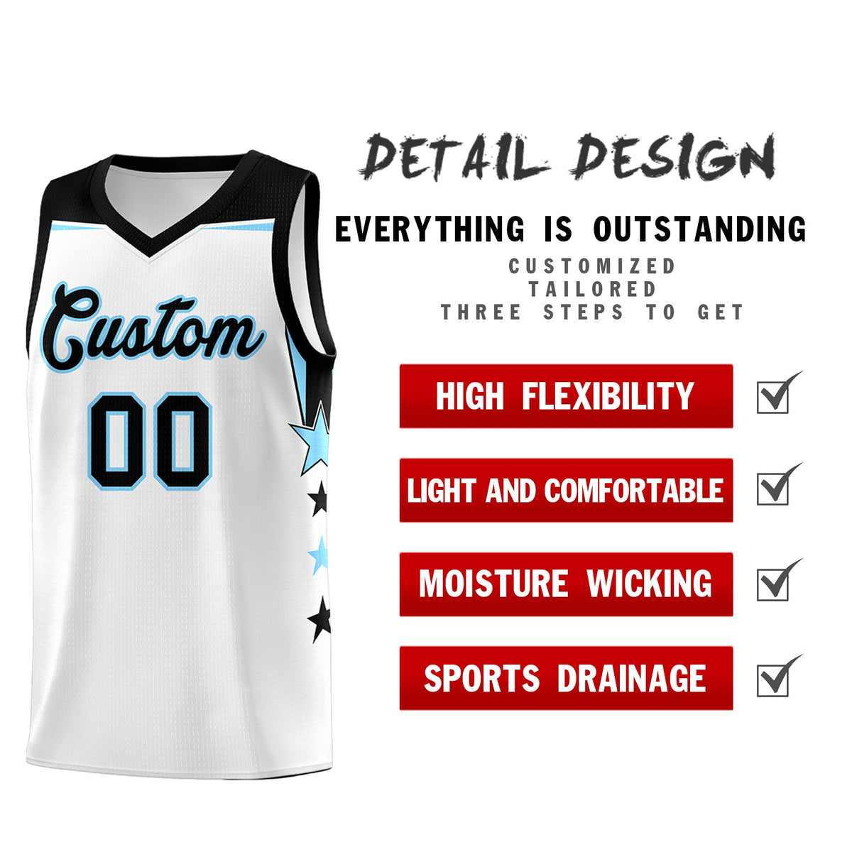 Custom Youth Basketball Uniform White Light Blue Two Tone Side Star Add Name Number &amp; Logo