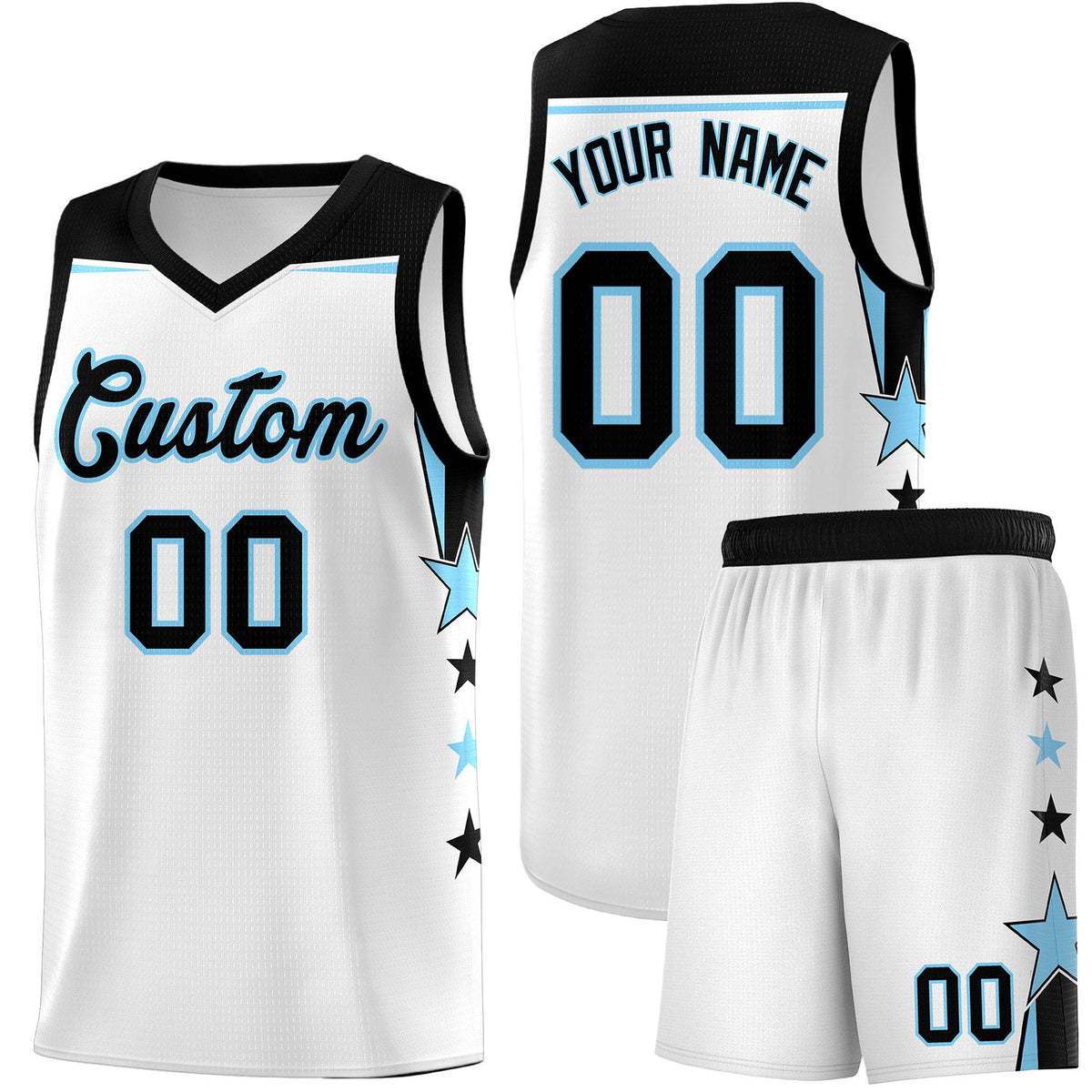 Custom Youth Basketball Uniform White Light Blue Two Tone Side Star Add Name Number &amp; Logo
