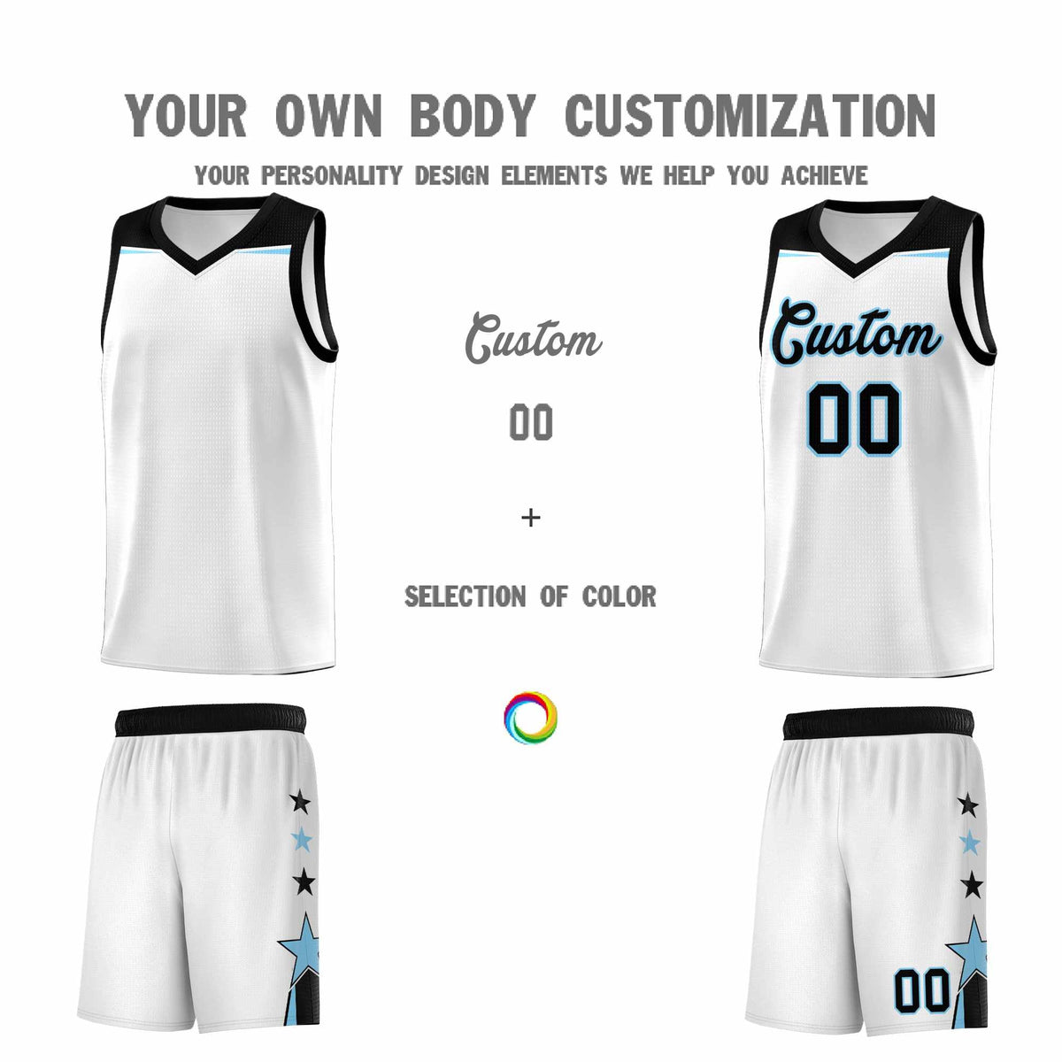 Custom Youth Basketball Uniform White Light Blue Two Tone Side Star Add Name Number &amp; Logo