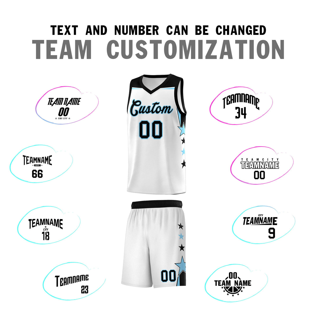 Custom Youth Basketball Uniform White Light Blue Two Tone Side Star Add Name Number &amp; Logo