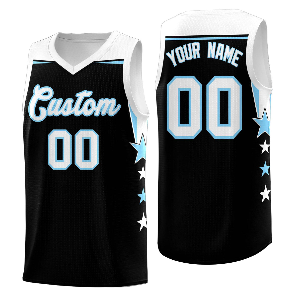 Custom Youth Basketball Uniform Black Light Blue Two Tone Side Star Personalized Team Jersey