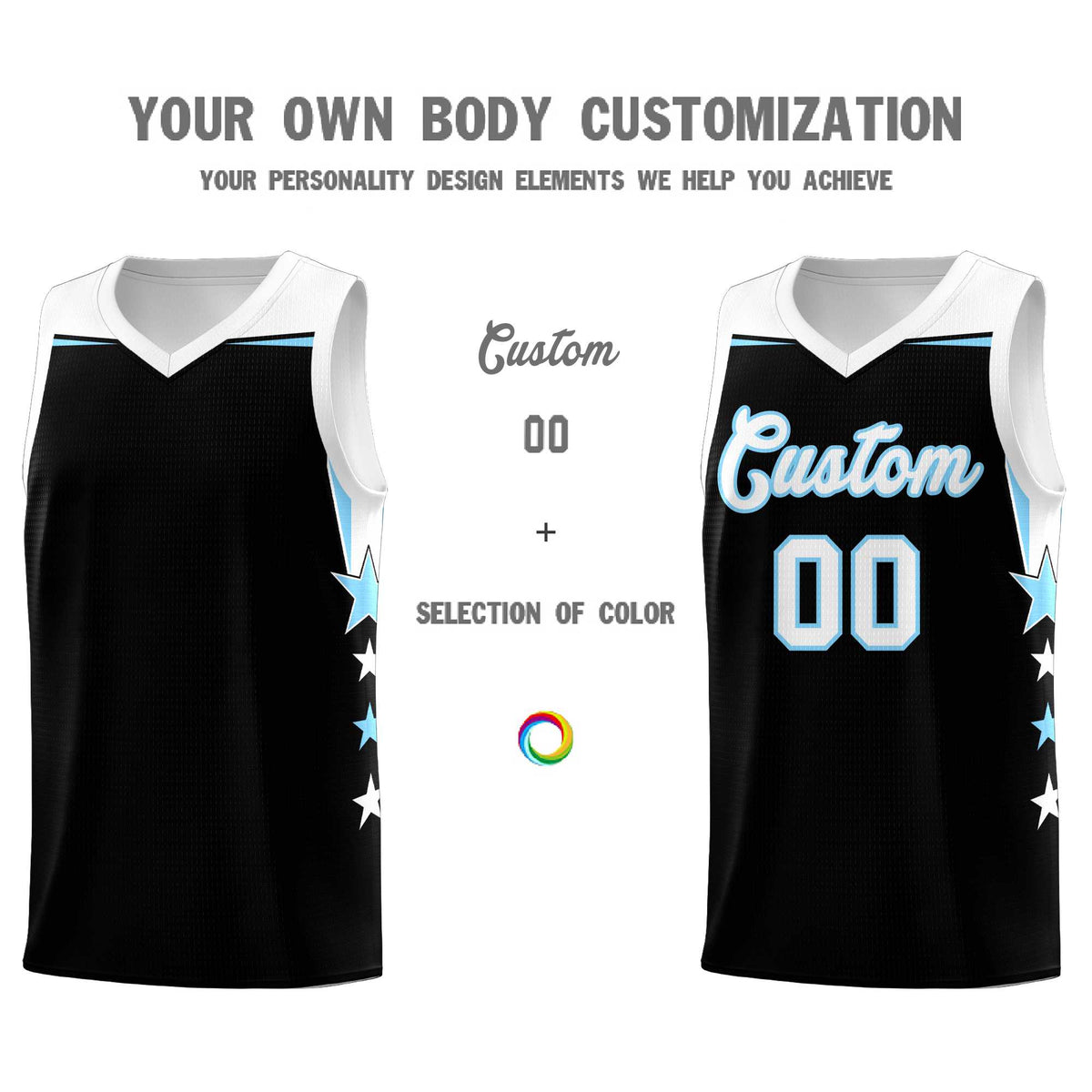 Custom Youth Basketball Uniform Black Light Blue Two Tone Side Star Personalized Team Jersey