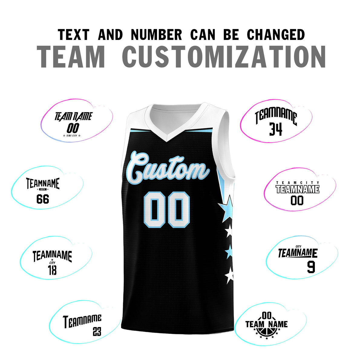 Custom Youth Basketball Uniform Black Light Blue Two Tone Side Star Personalized Team Jersey