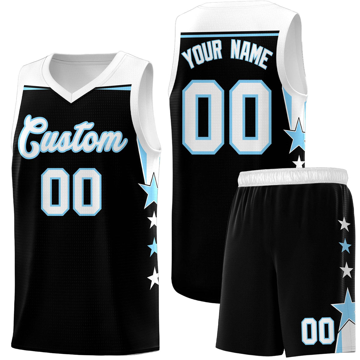 Custom Youth Basketball Uniform Black Light Blue Two Tone Side Star Personalized Team Jersey
