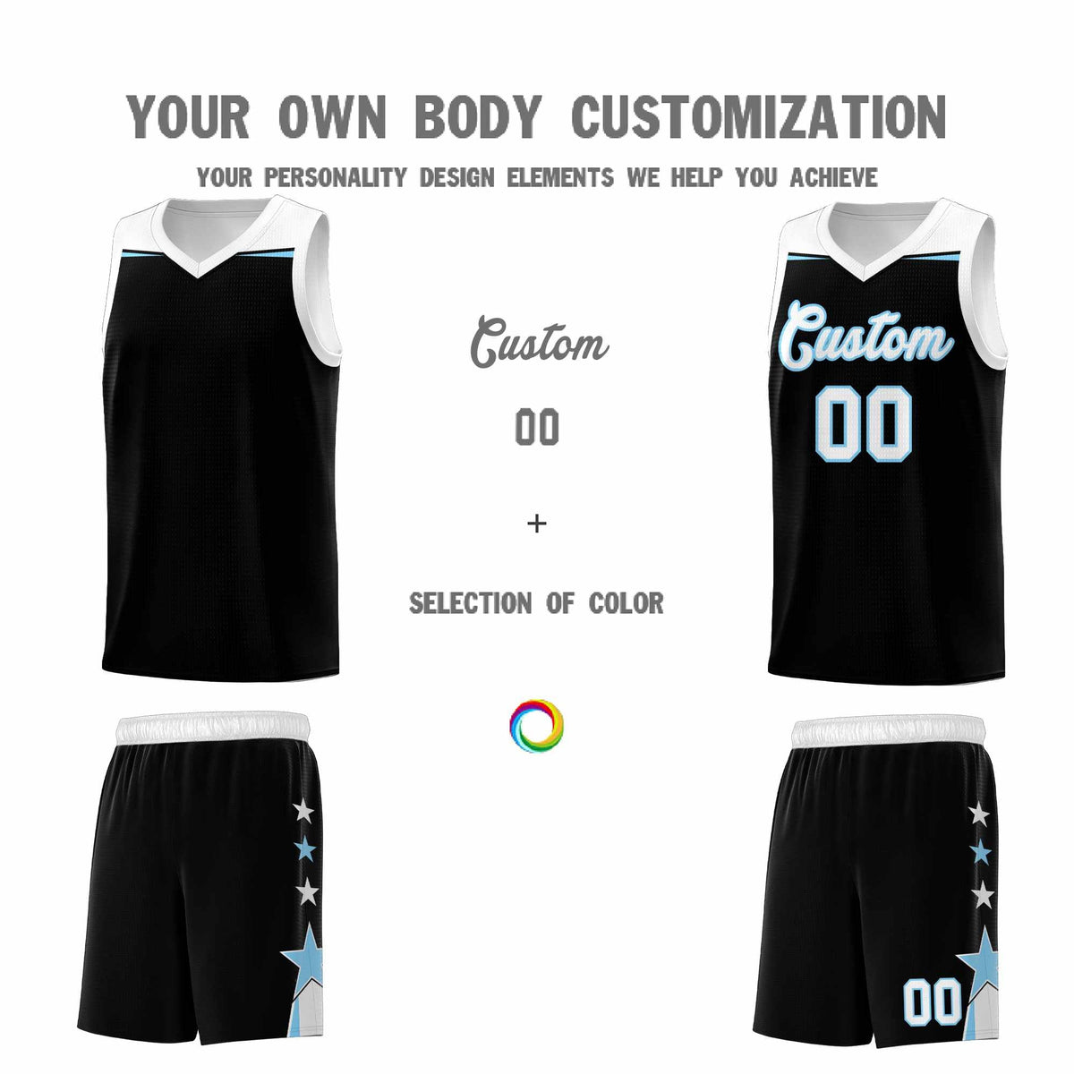 Custom Youth Basketball Uniform Black Light Blue Two Tone Side Star Personalized Team Jersey