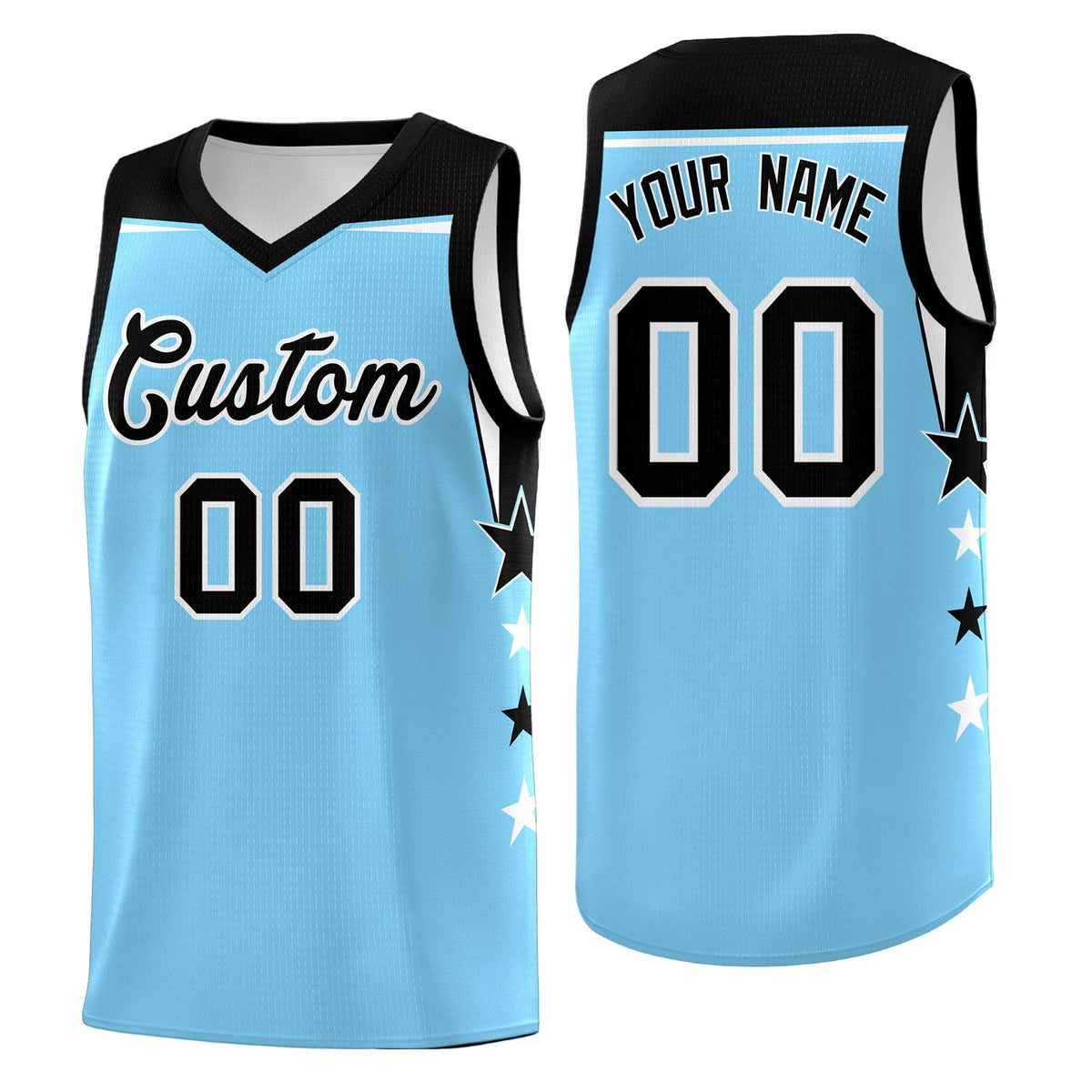 Custom Youth Basketball Uniform Light Blue Black Two Tone Side Star Color Block Team Jersey