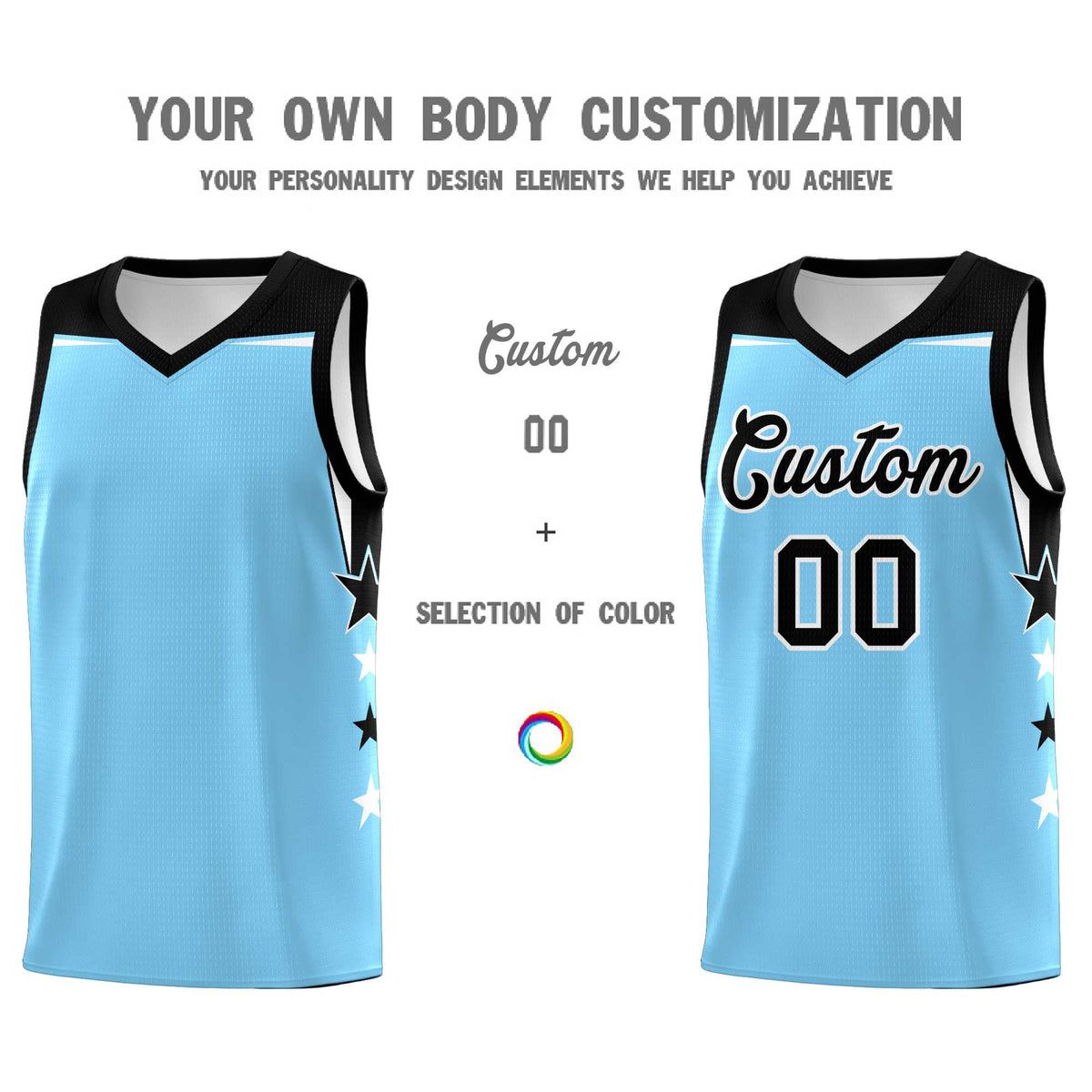 Custom Youth Basketball Uniform Light Blue Black Two Tone Side Star Color Block Team Jersey