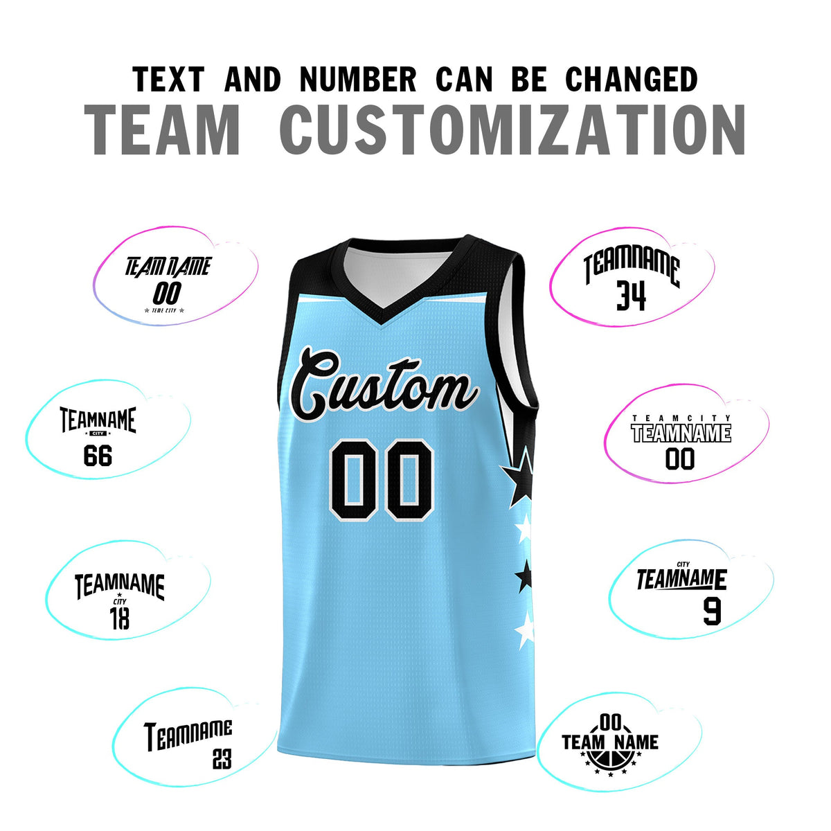 Custom Youth Basketball Uniform Light Blue Black Two Tone Side Star Color Block Team Jersey