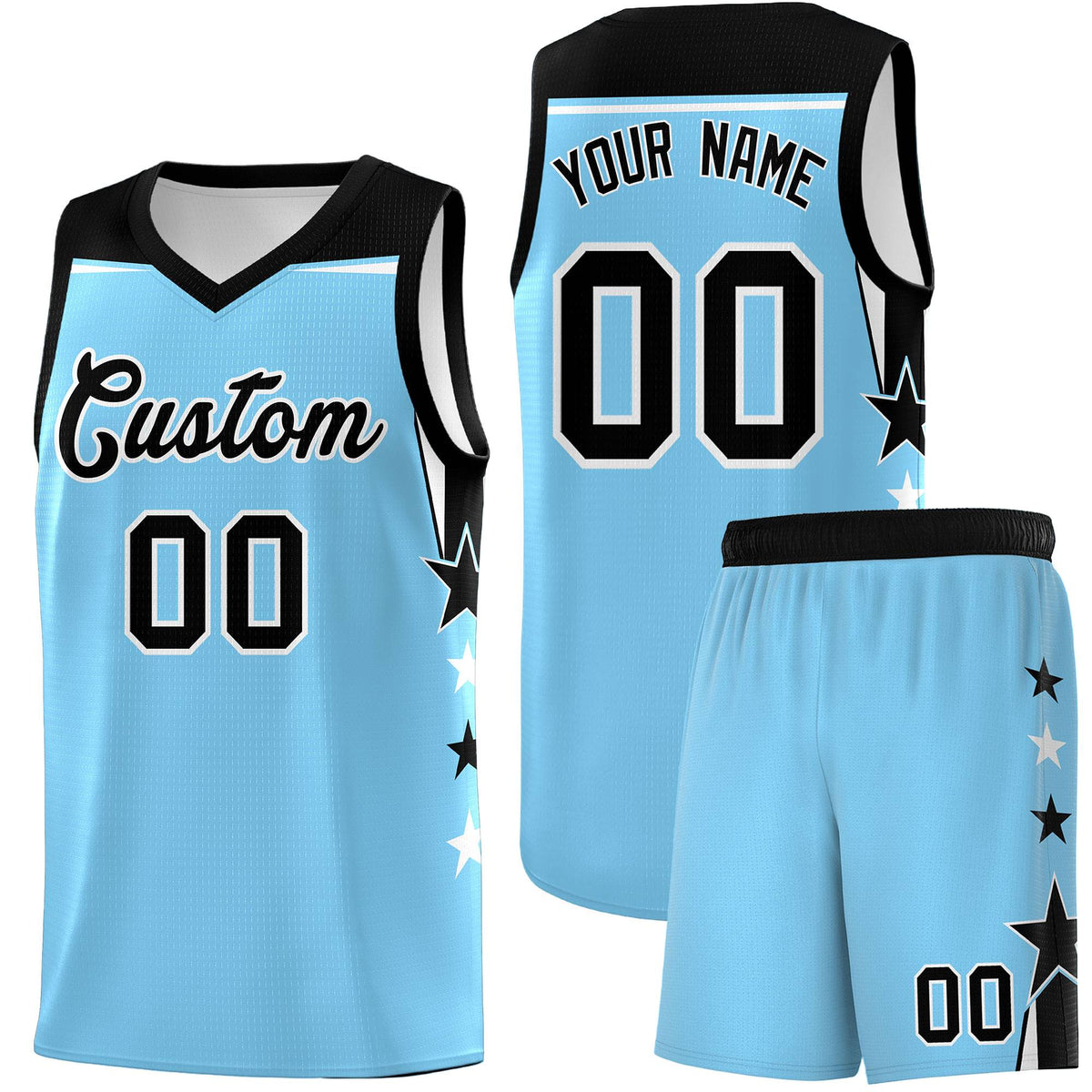 Custom Youth Basketball Uniform Light Blue Black Two Tone Side Star Color Block Team Jersey