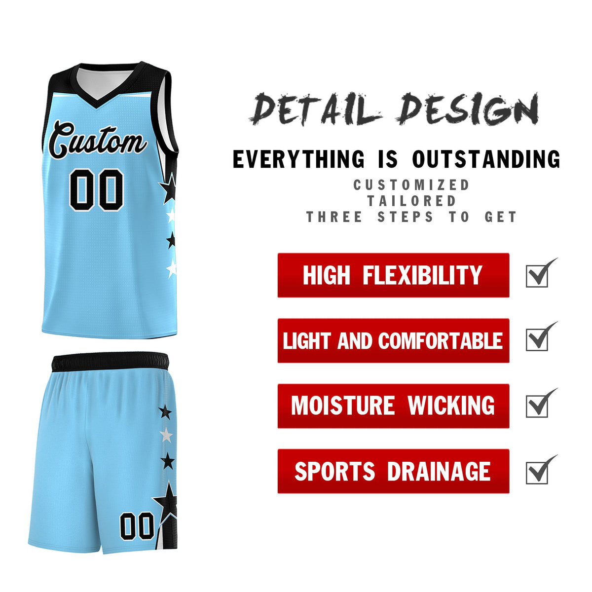Custom Youth Basketball Uniform Light Blue Black Two Tone Side Star Color Block Team Jersey