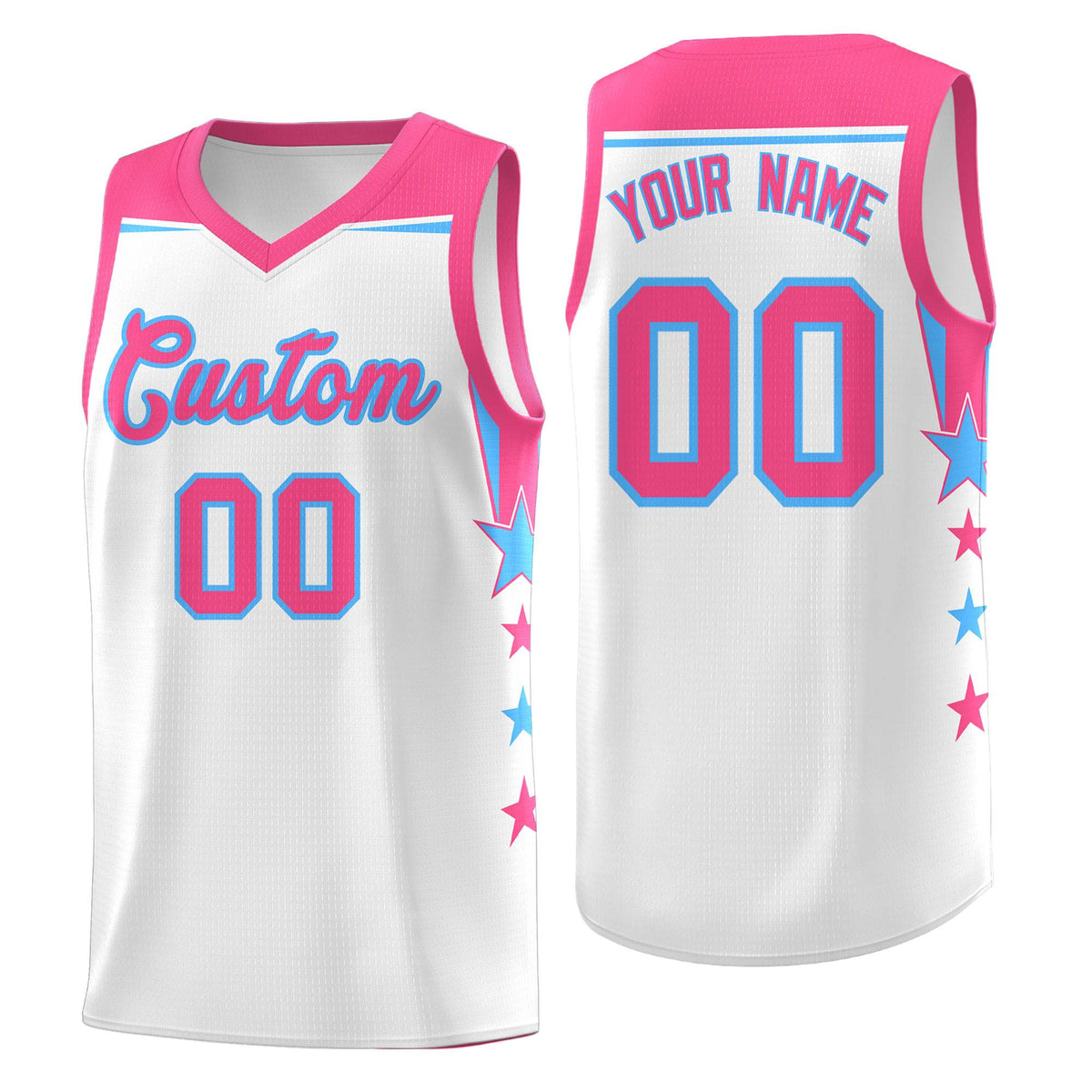 Custom Youth Basketball Uniform White Pink Two Tone Side Star Add Name Number &amp; Logo