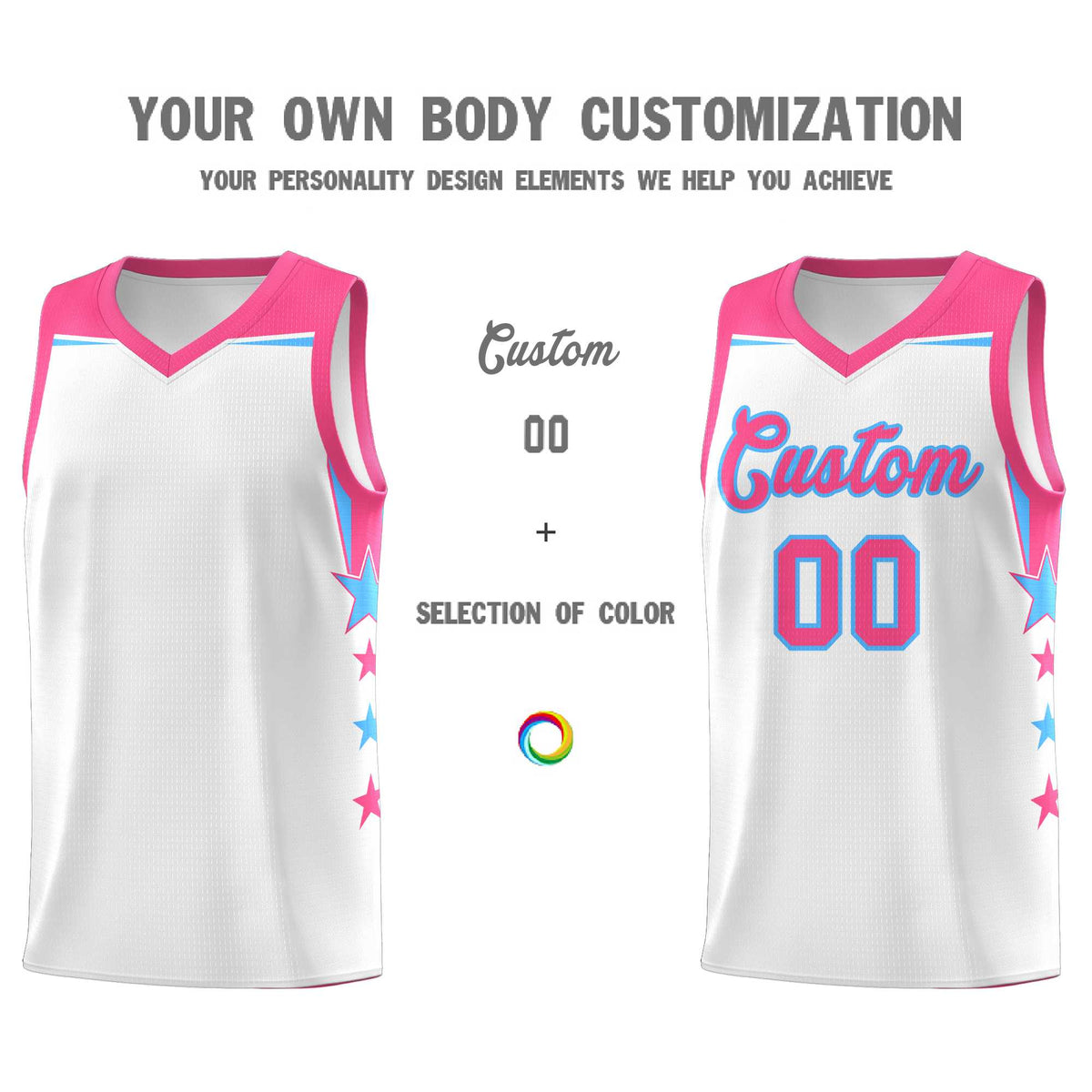 Custom Youth Basketball Uniform White Pink Two Tone Side Star Add Name Number &amp; Logo