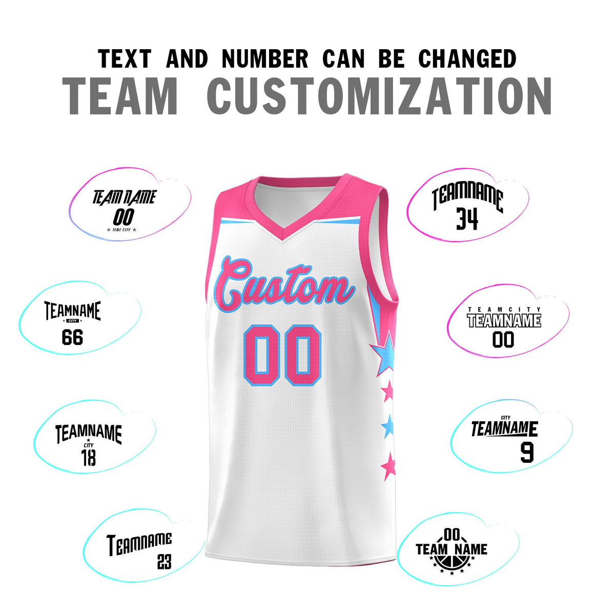 Custom Youth Basketball Uniform White Pink Two Tone Side Star Add Name Number &amp; Logo