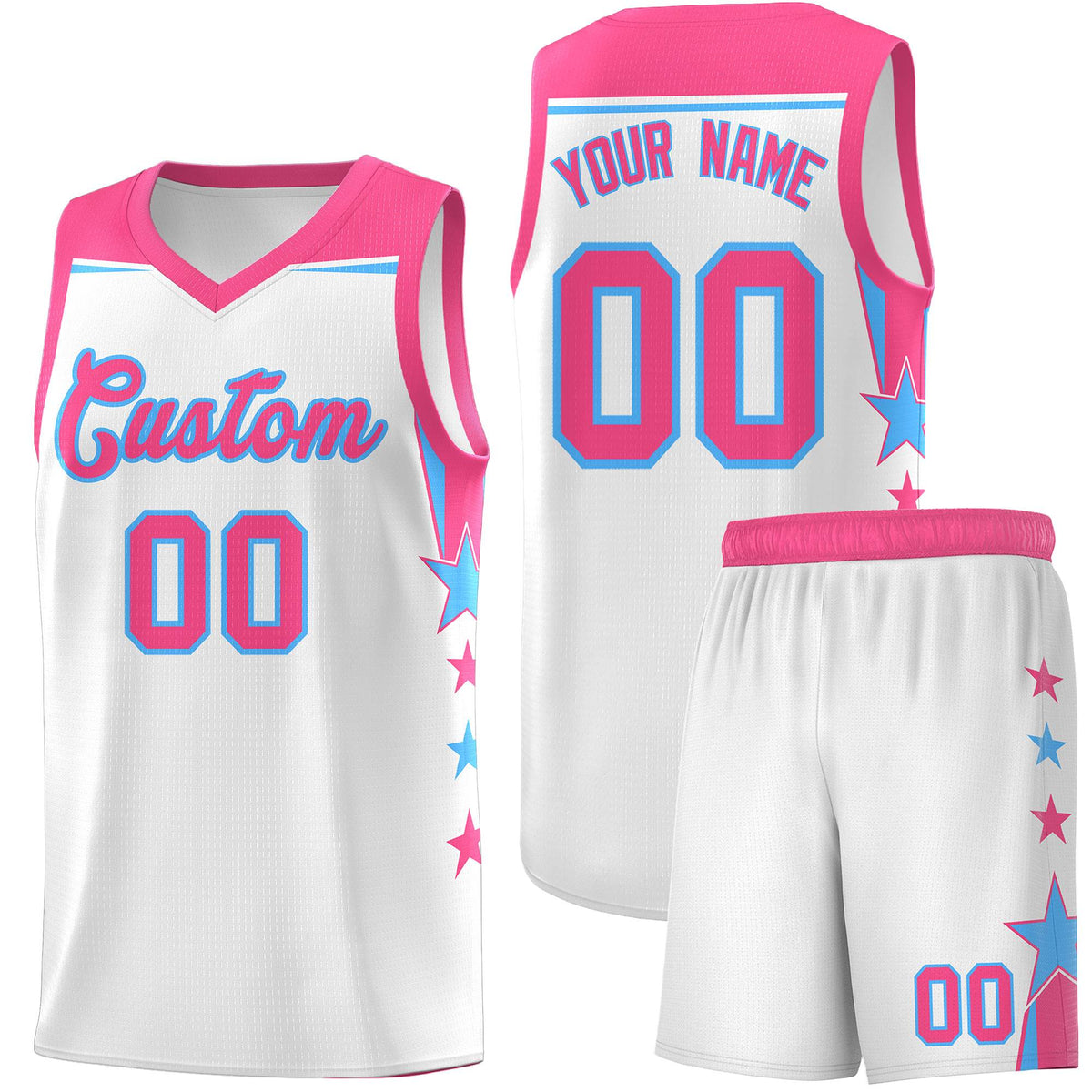 Custom Youth Basketball Uniform White Pink Two Tone Side Star Add Name Number &amp; Logo