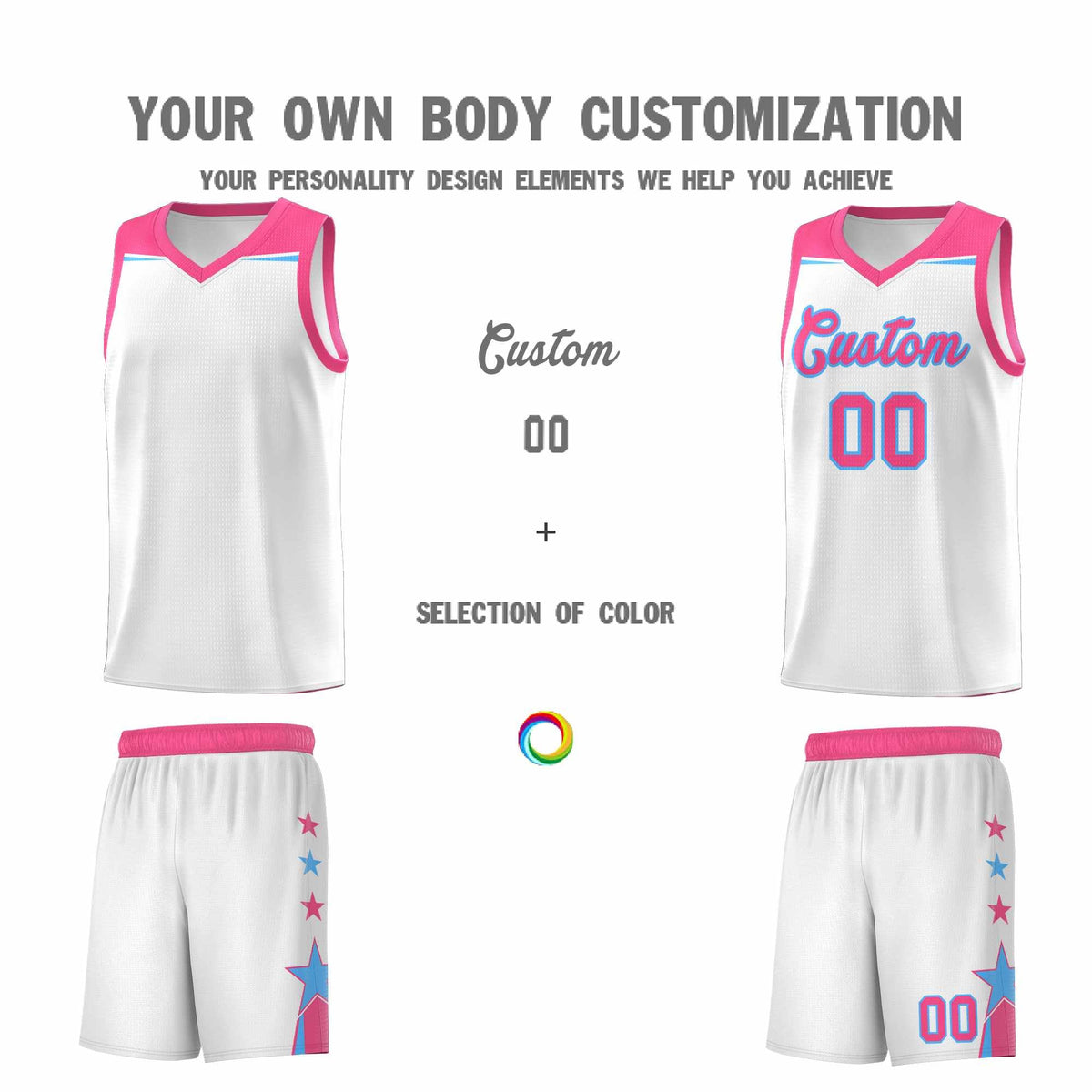 Custom Youth Basketball Uniform White Pink Two Tone Side Star Add Name Number &amp; Logo