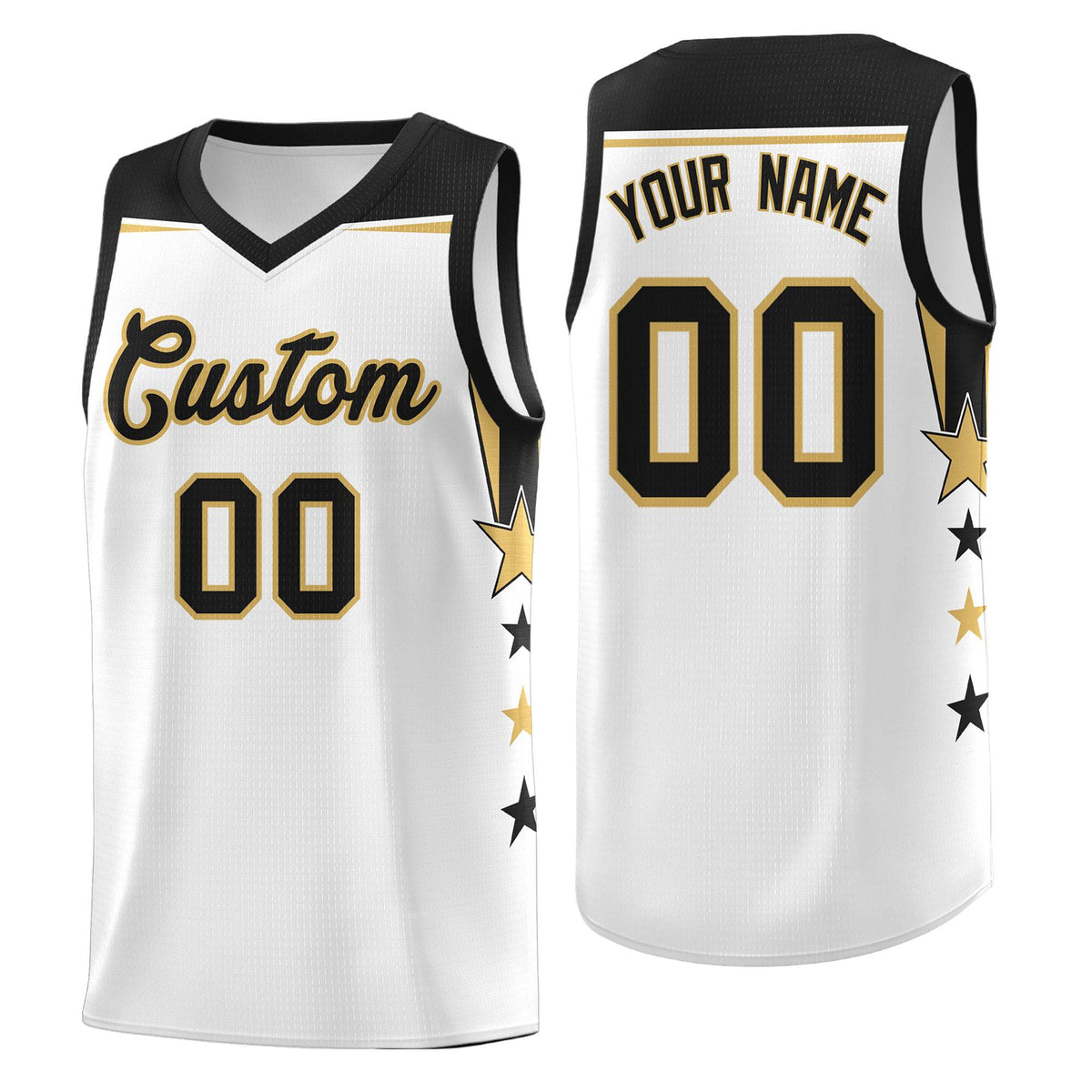 Custom Youth Basketball Uniform White Black Two Tone Side Star Add Name Number &amp; Logo