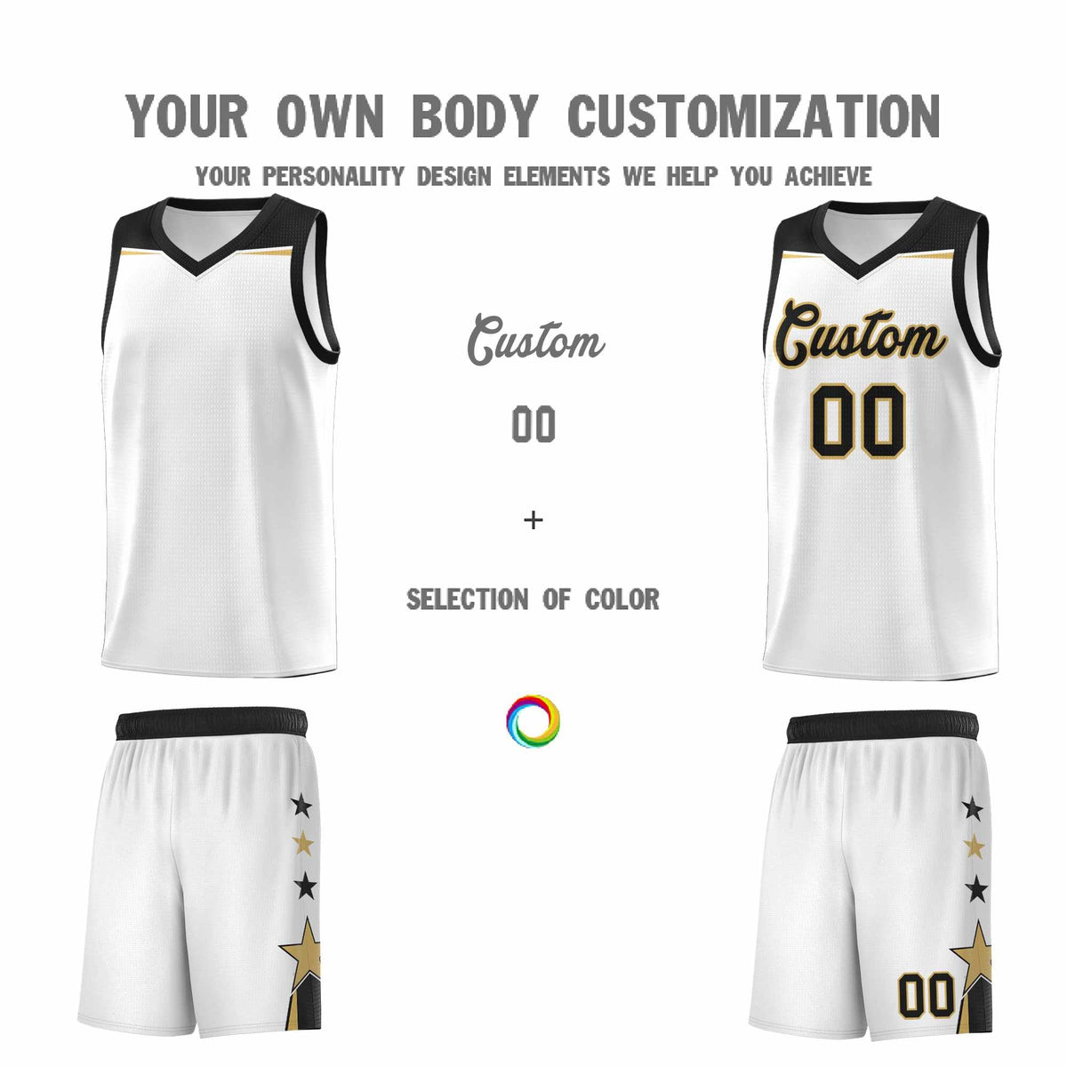 Custom Youth Basketball Uniform White Black Two Tone Side Star Add Name Number &amp; Logo