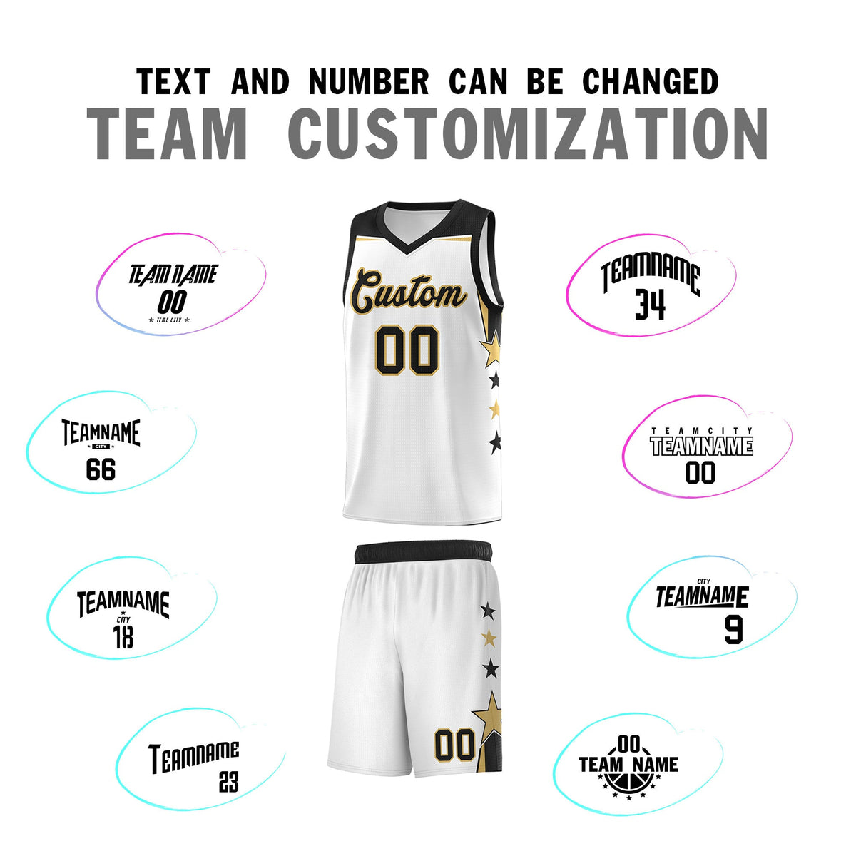 Custom Youth Basketball Uniform White Black Two Tone Side Star Add Name Number &amp; Logo