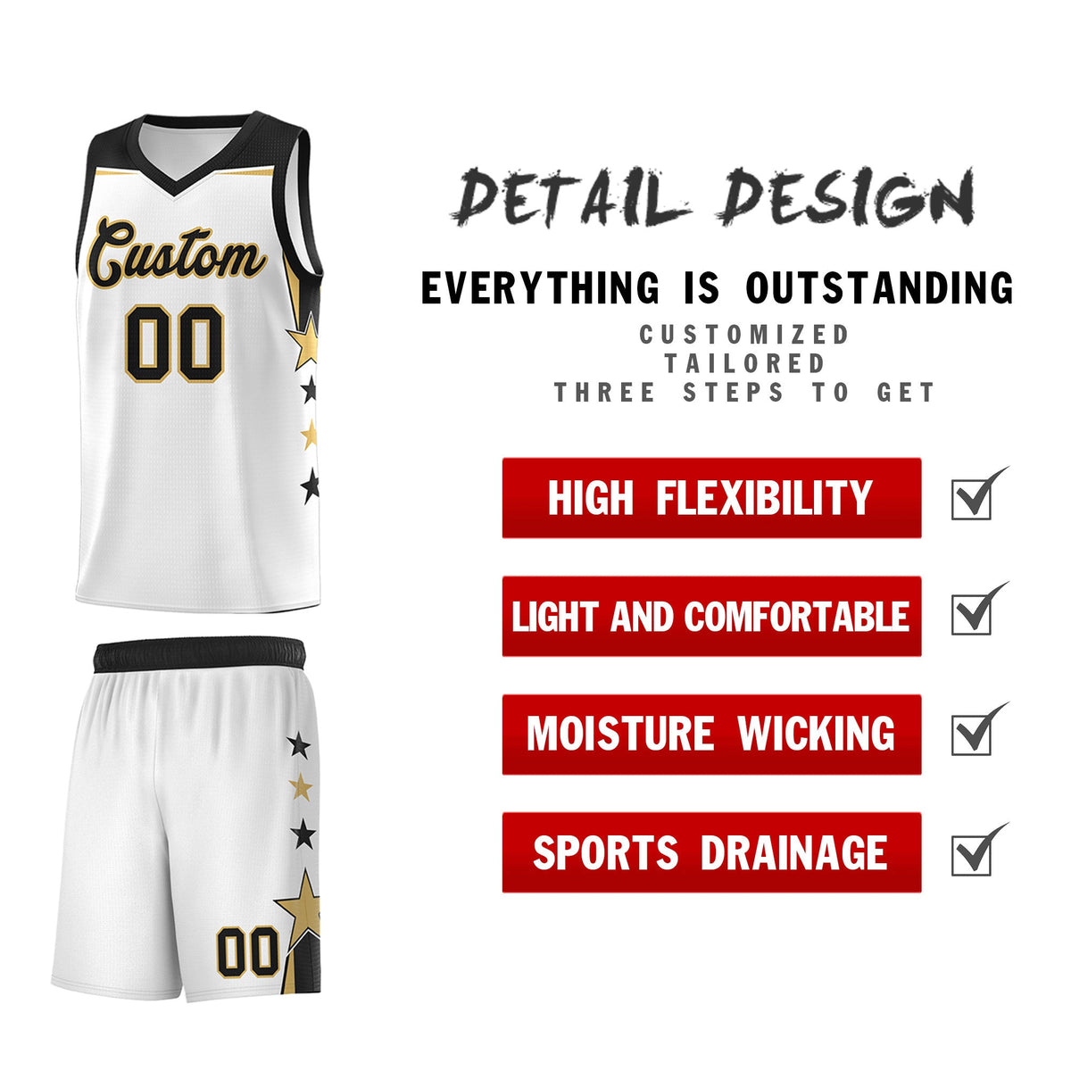 Custom Youth Basketball Uniform White Black Two Tone Side Star Add Name Number &amp; Logo