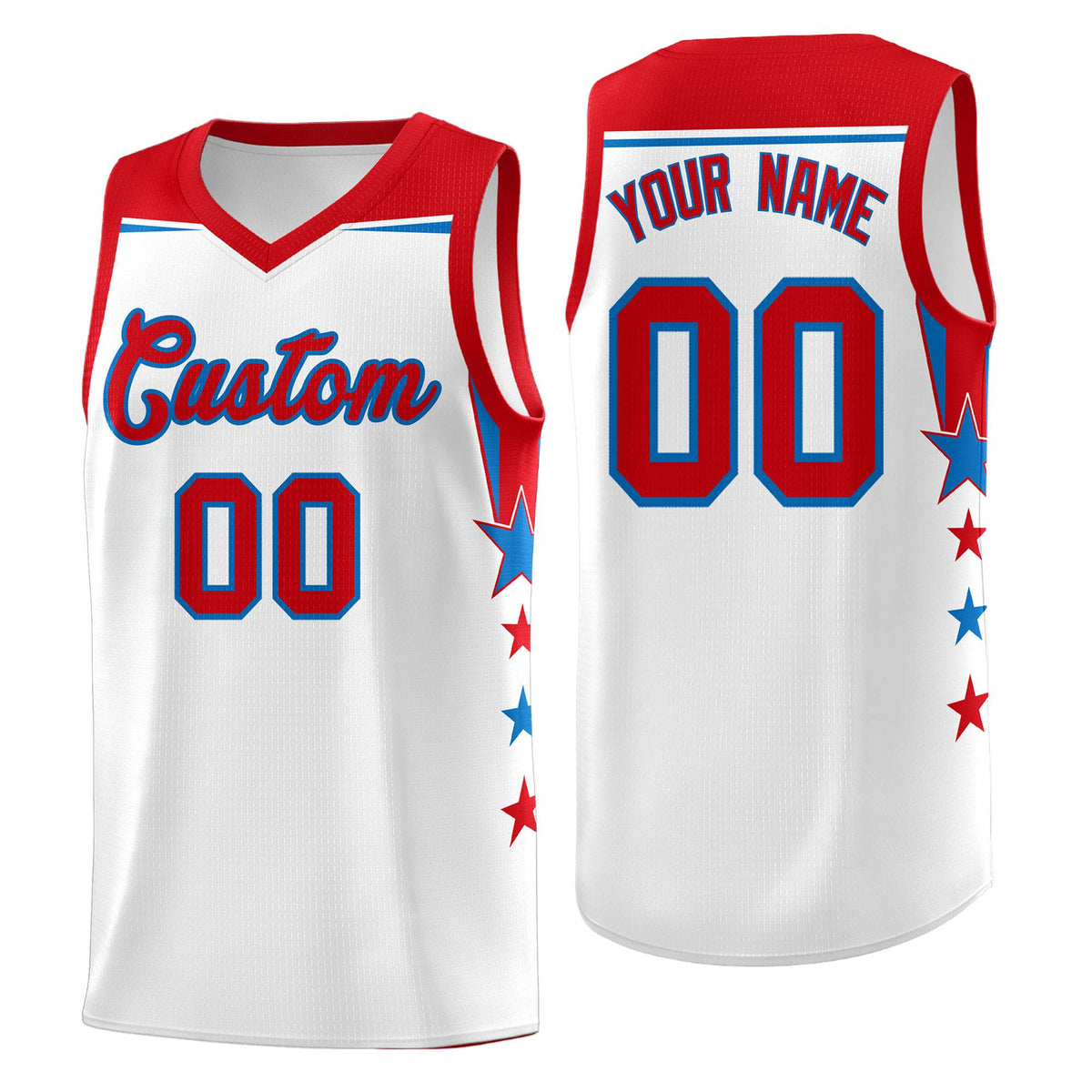 Custom Youth Basketball Uniform White Red Two Tone Side Star Add Name Number &amp; Logo