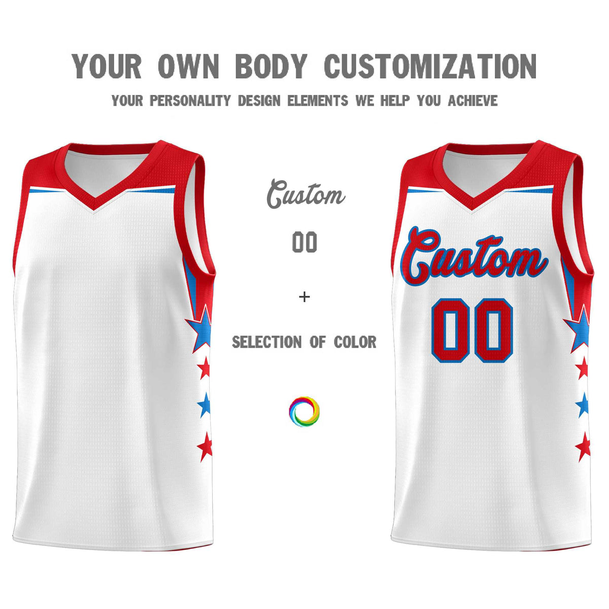 Custom Youth Basketball Uniform White Red Two Tone Side Star Add Name Number &amp; Logo