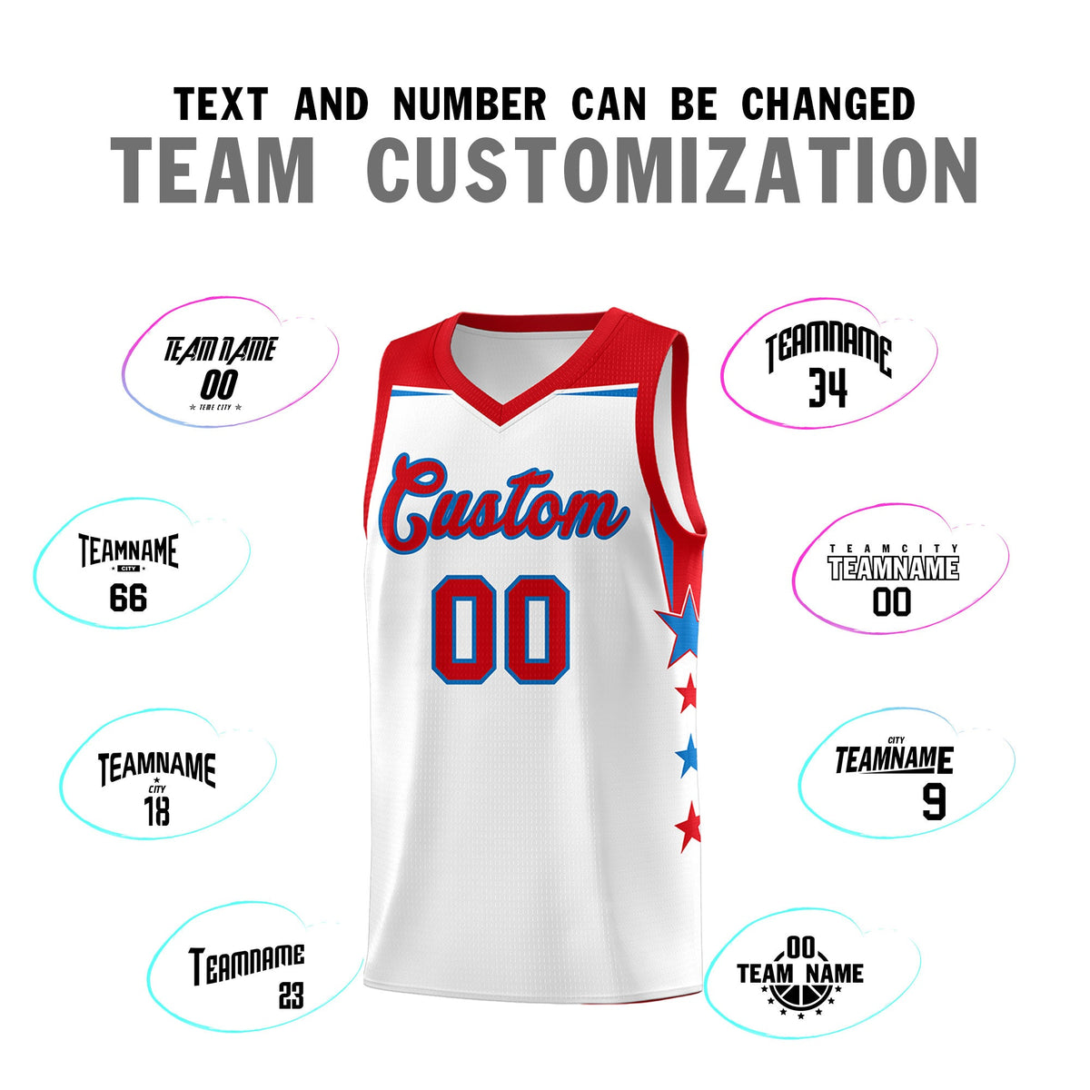 Custom Youth Basketball Uniform White Red Two Tone Side Star Add Name Number &amp; Logo