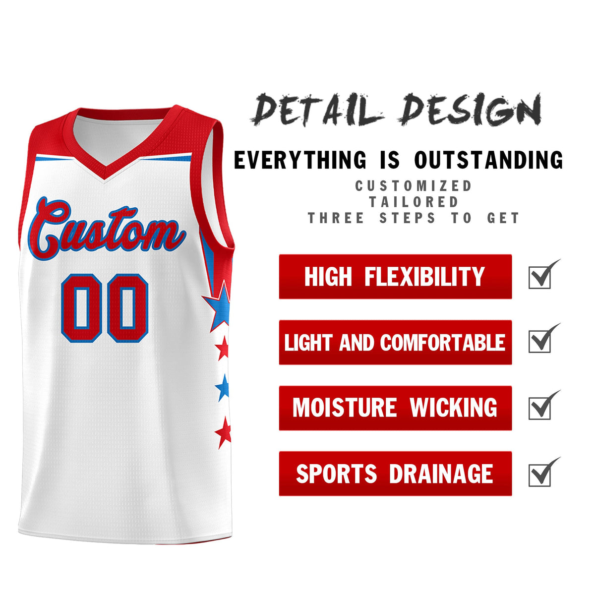 Custom Youth Basketball Uniform White Red Two Tone Side Star Add Name Number &amp; Logo