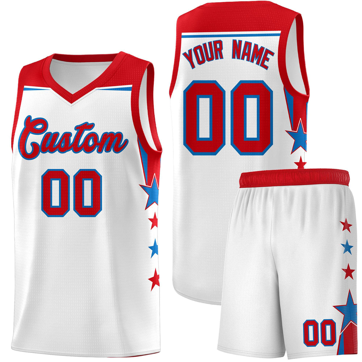 Custom Youth Basketball Uniform White Red Two Tone Side Star Add Name Number &amp; Logo