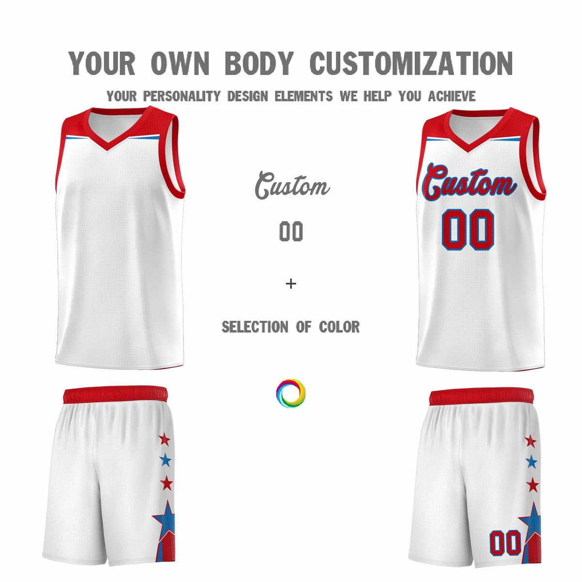 Custom Youth Basketball Uniform White Red Two Tone Side Star Add Name Number &amp; Logo