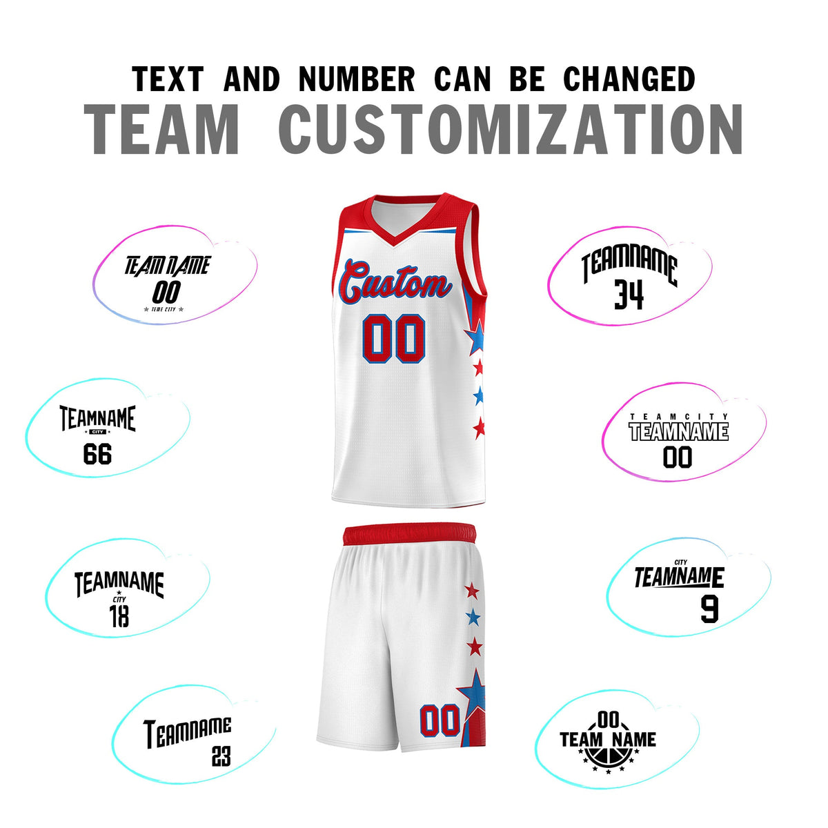 Custom Youth Basketball Uniform White Red Two Tone Side Star Add Name Number &amp; Logo