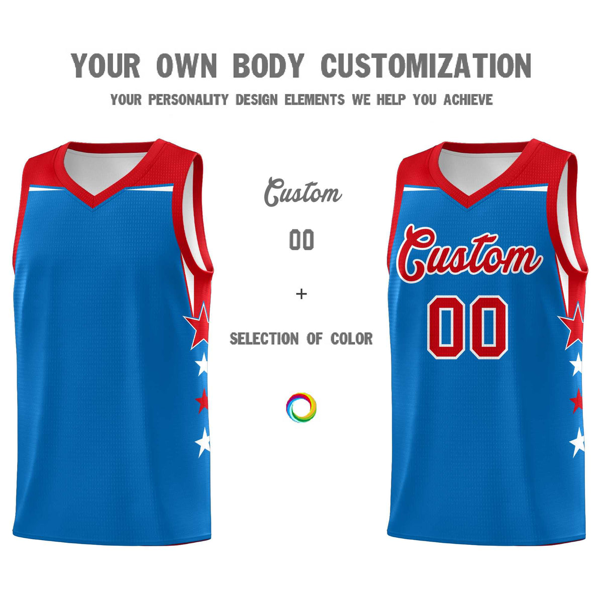 Custom Youth Basketball Uniform Royal Red Two Tone Side Star Color Block Team Jersey